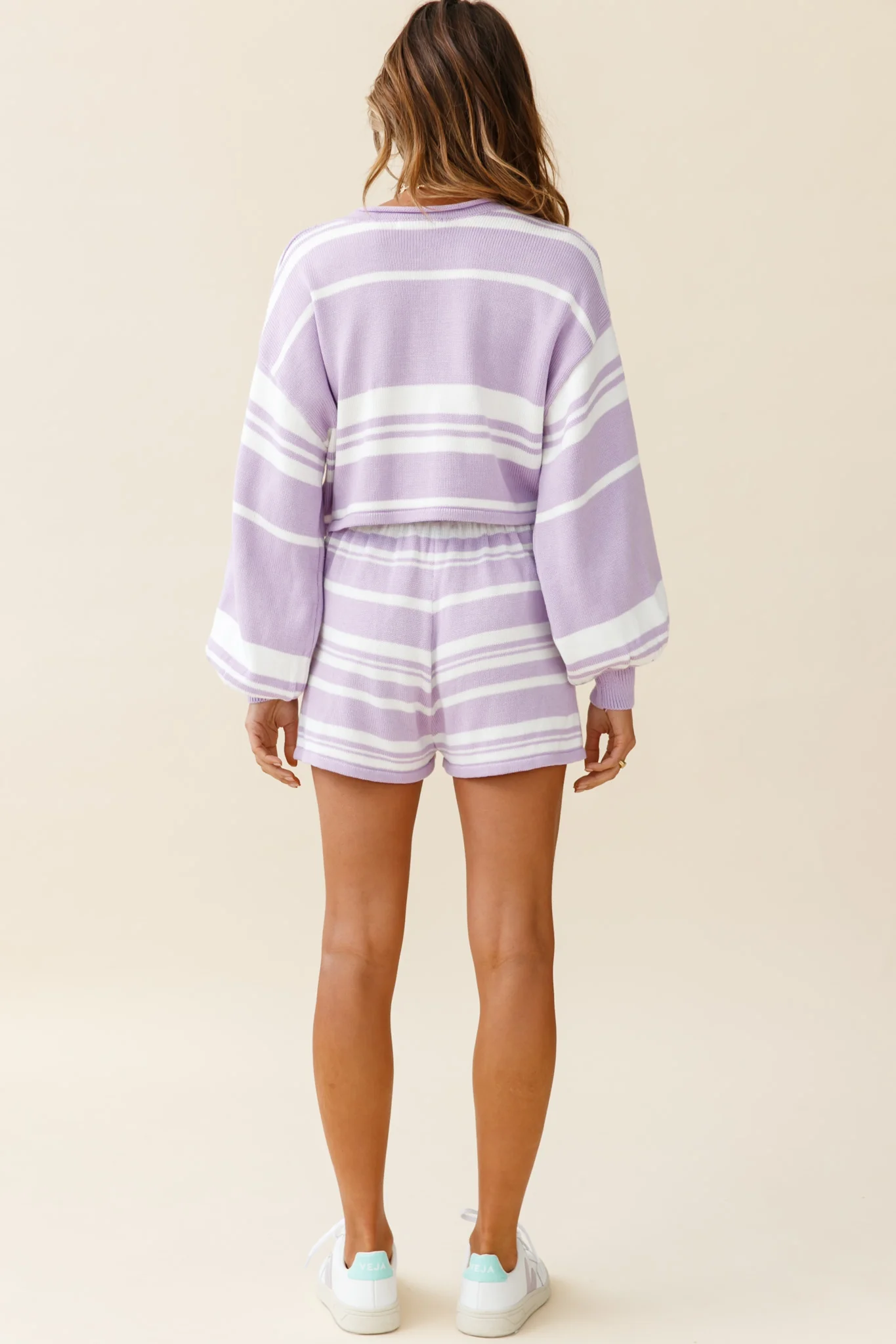 Carlo Long Balloon Sleeve Crop Top Striped Pattern Lilac - Seraphlike