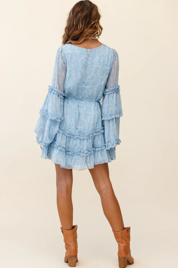 Winslet Long Sleeve Placket Bust Frill Detail Dress Floral Print Blue - Seraphlike