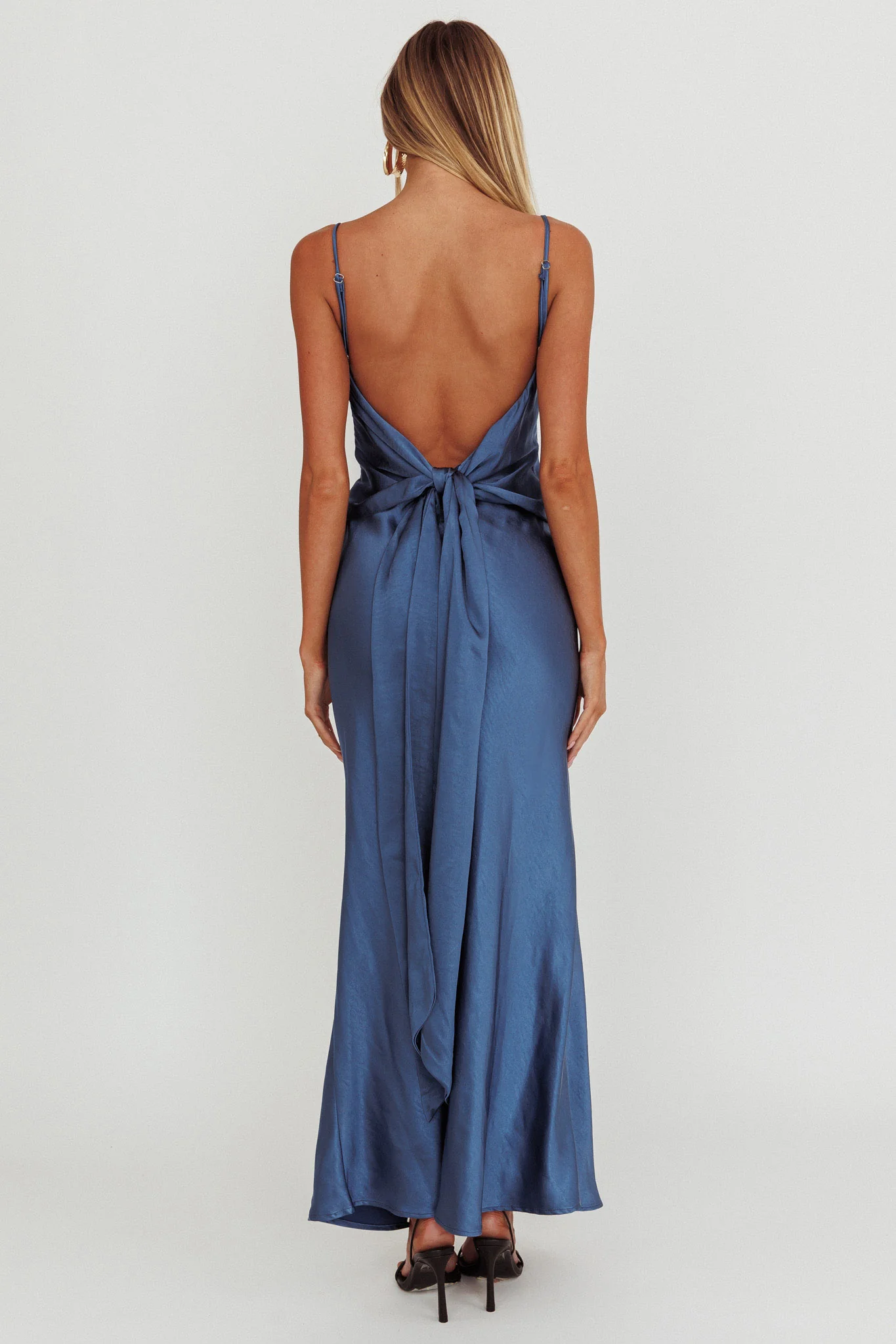 Ciao, Bella Tied Back Satin Maxi Dress Midnight Blue - Seraphlike