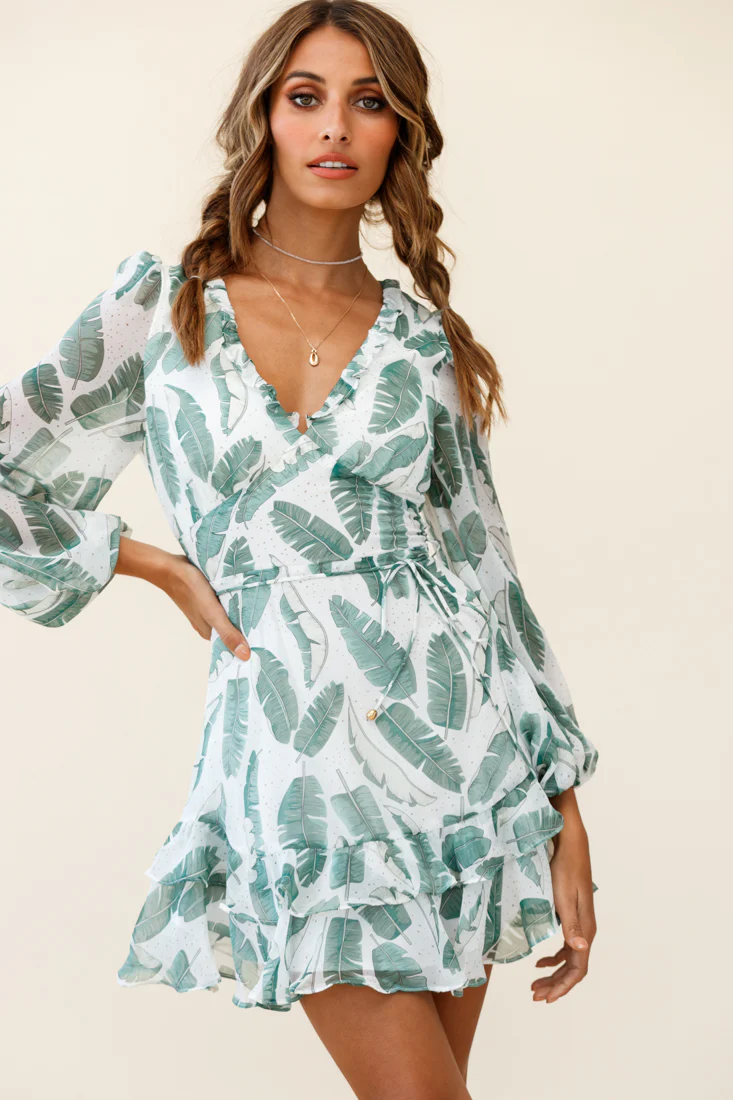 Tozzi Long Balloon Sleeve V-Neckline Dress Feather Print White - Seraphlike