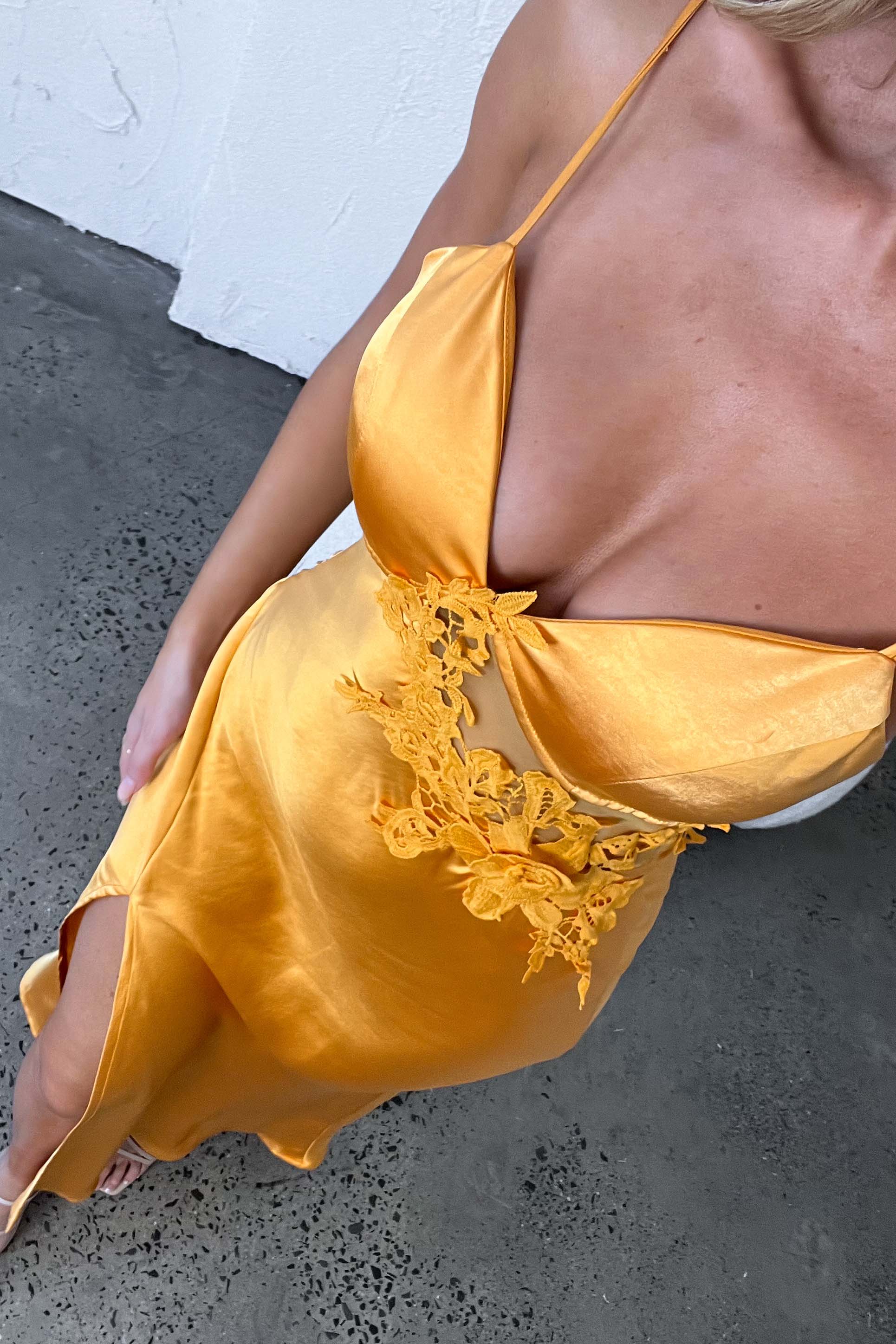 Roxana Applique Trim Split Maxi Dress Orange - Seraphlike