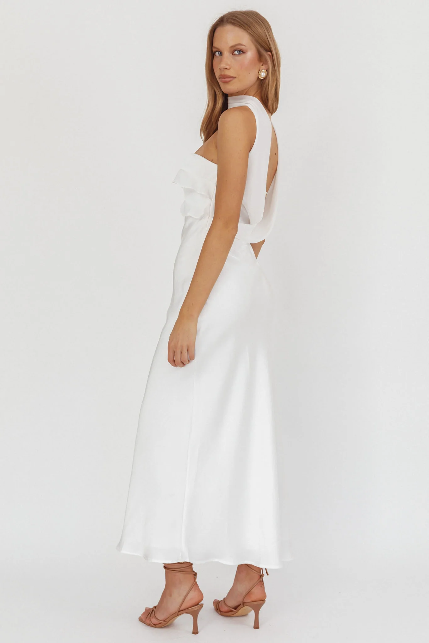 Damsel Reverse Halter Frill Trim Maxi Dress White - Seraphlike
