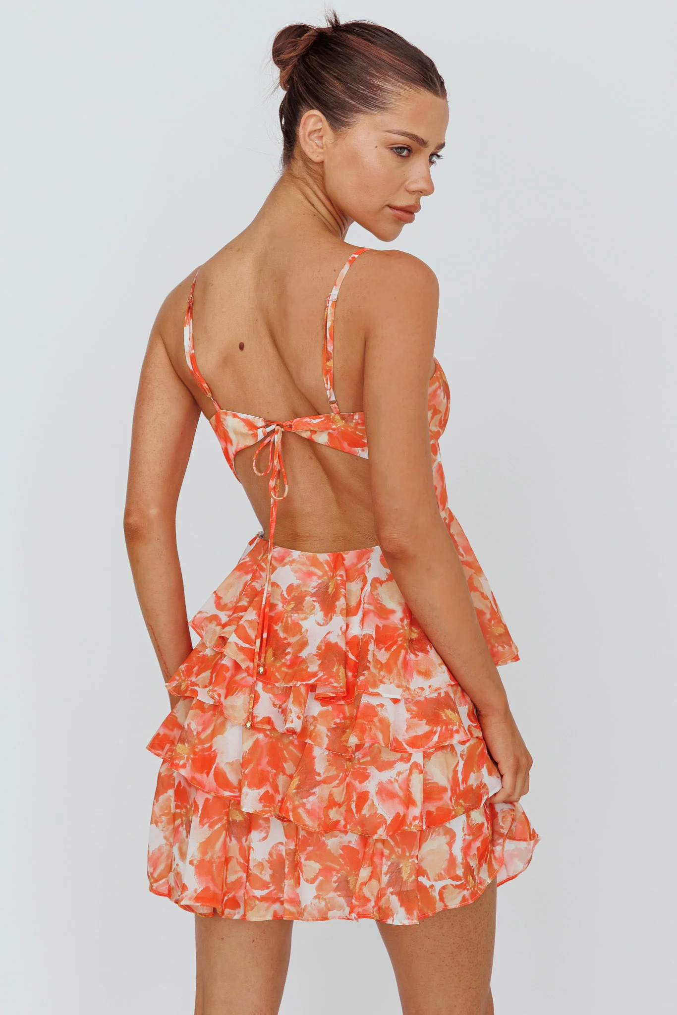 Lauran Tied Back Frill Dress Floral Orange - Seraphlike