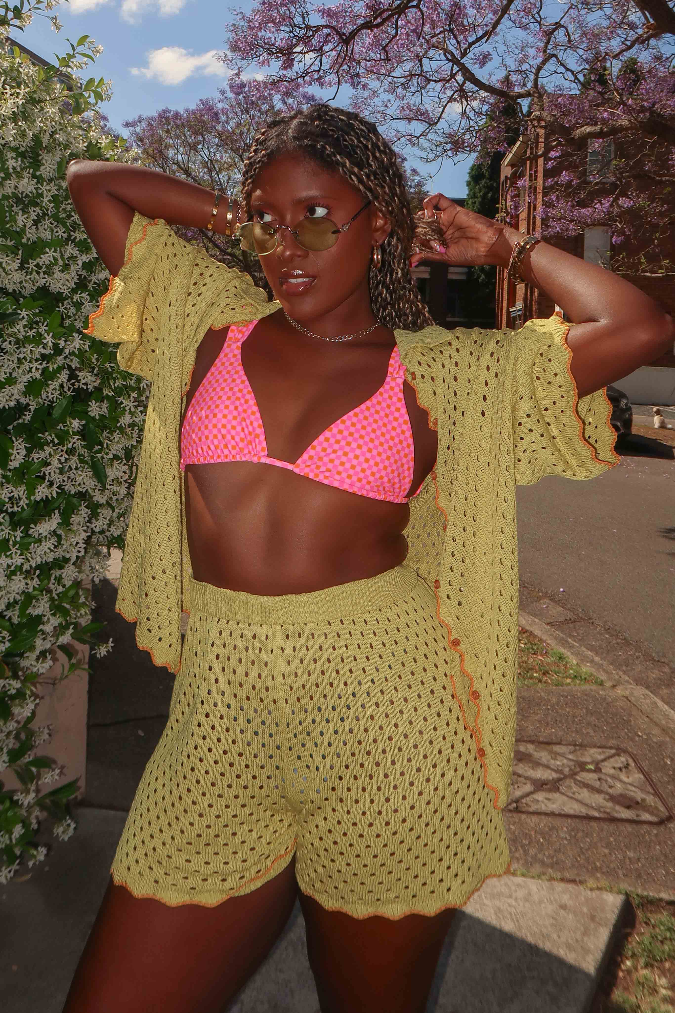 Just A Hunch Button Crochet Shirt Avocado/Pumpkin - Seraphlike