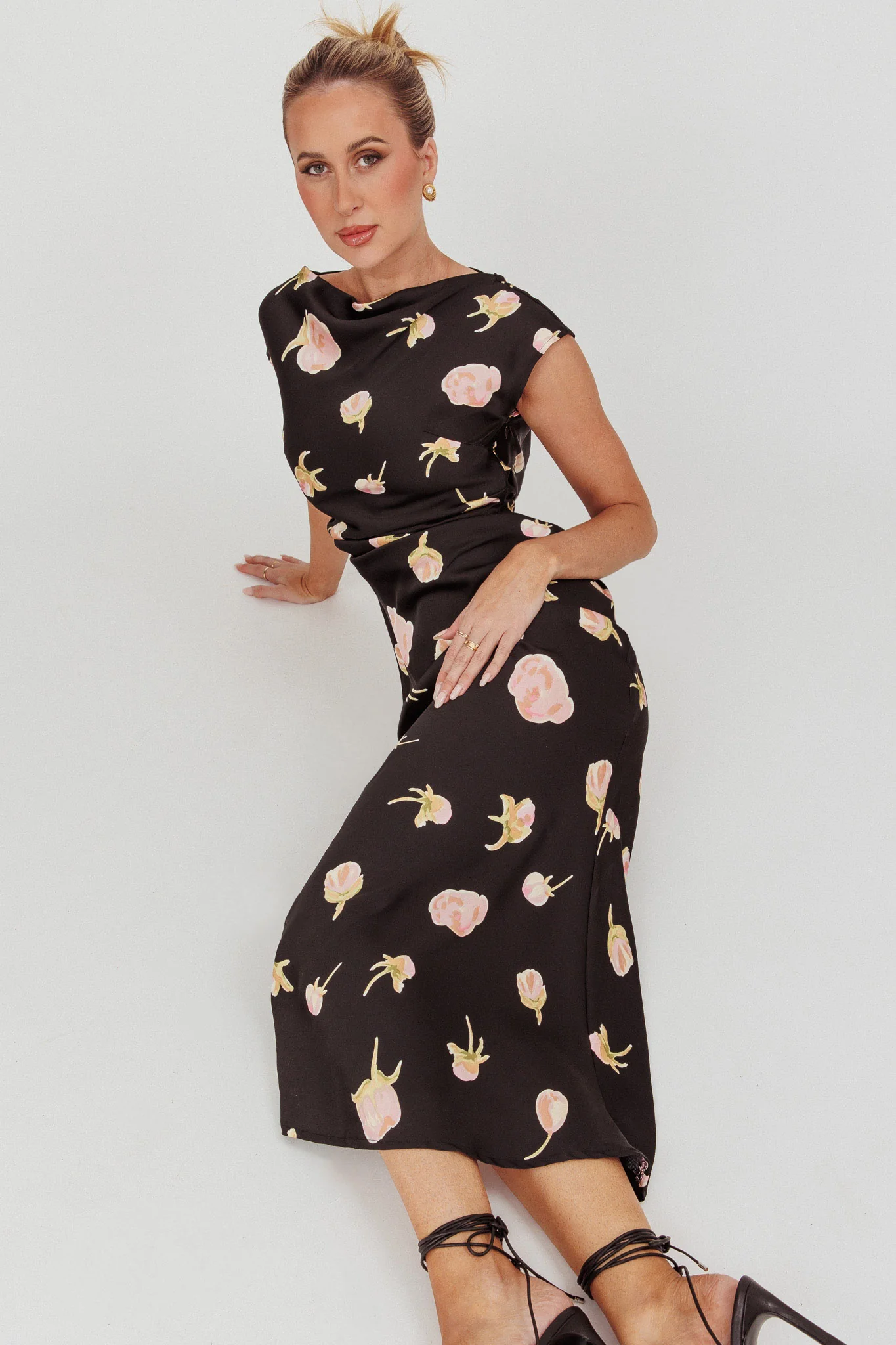 Loveland Floral Print Cowl Back Maxi Dress Oyster - Seraphlike