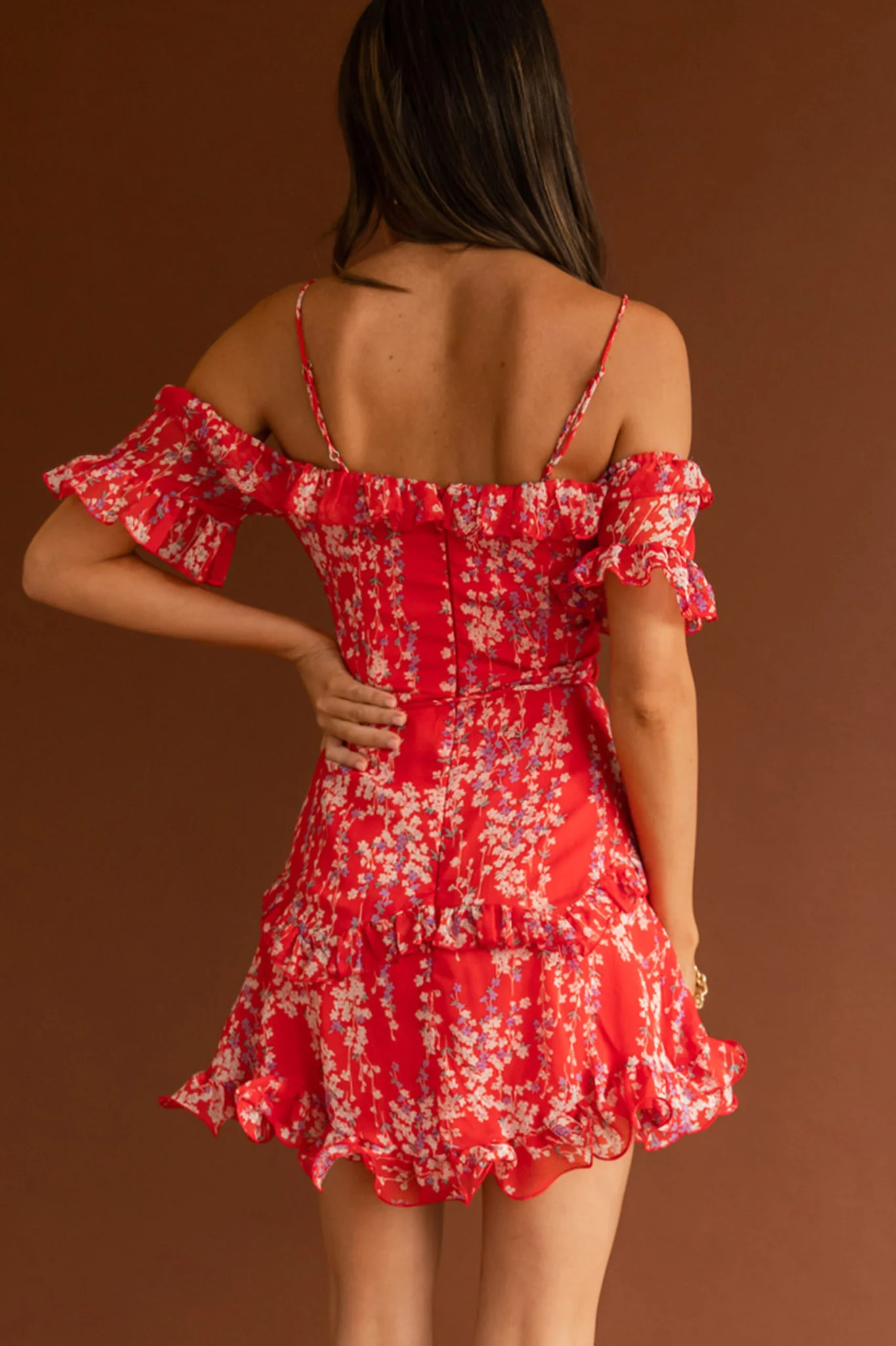 Maranda Bardot Lace-Up Bust Dress Dainty Floral Red - Seraphlike