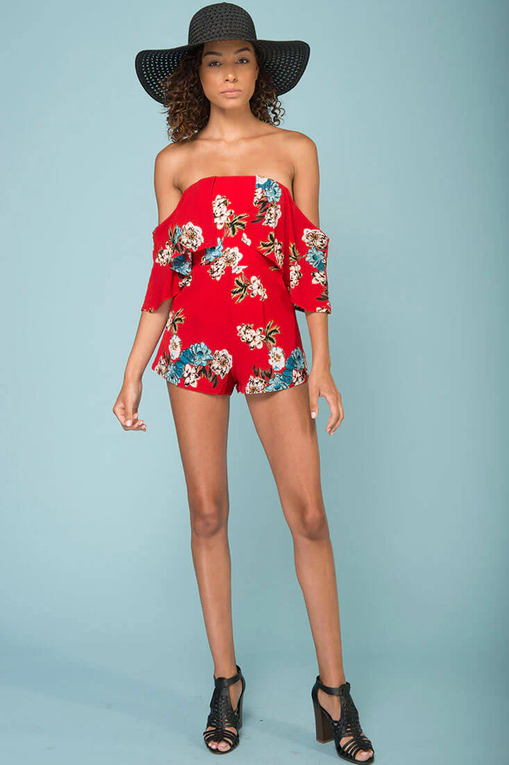 Dixie Floral Print Romper Red - Seraphlike