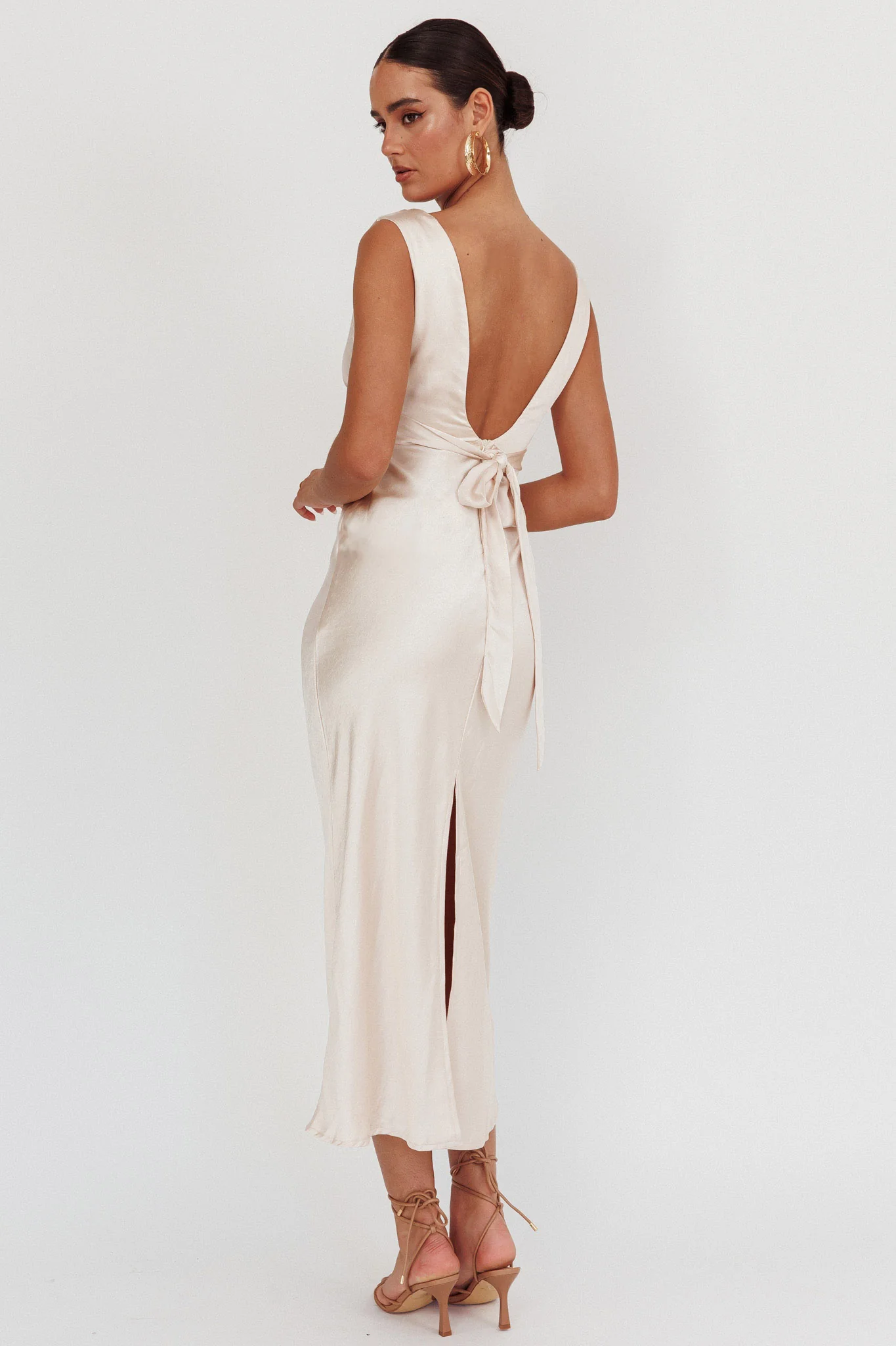 Leila V-Neck Low Back Satin Midi Dress Ivory - Seraphlike