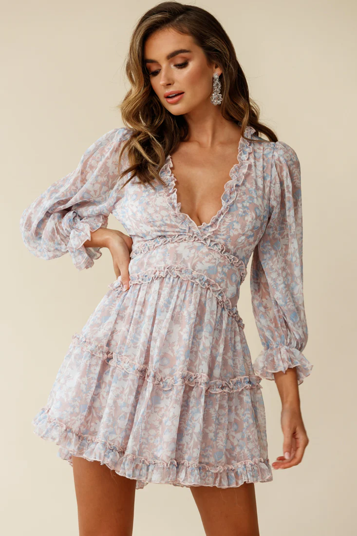 Laney Cutout Back Ruffle Trim Dress Floral Print Pink/Blue - Seraphlike