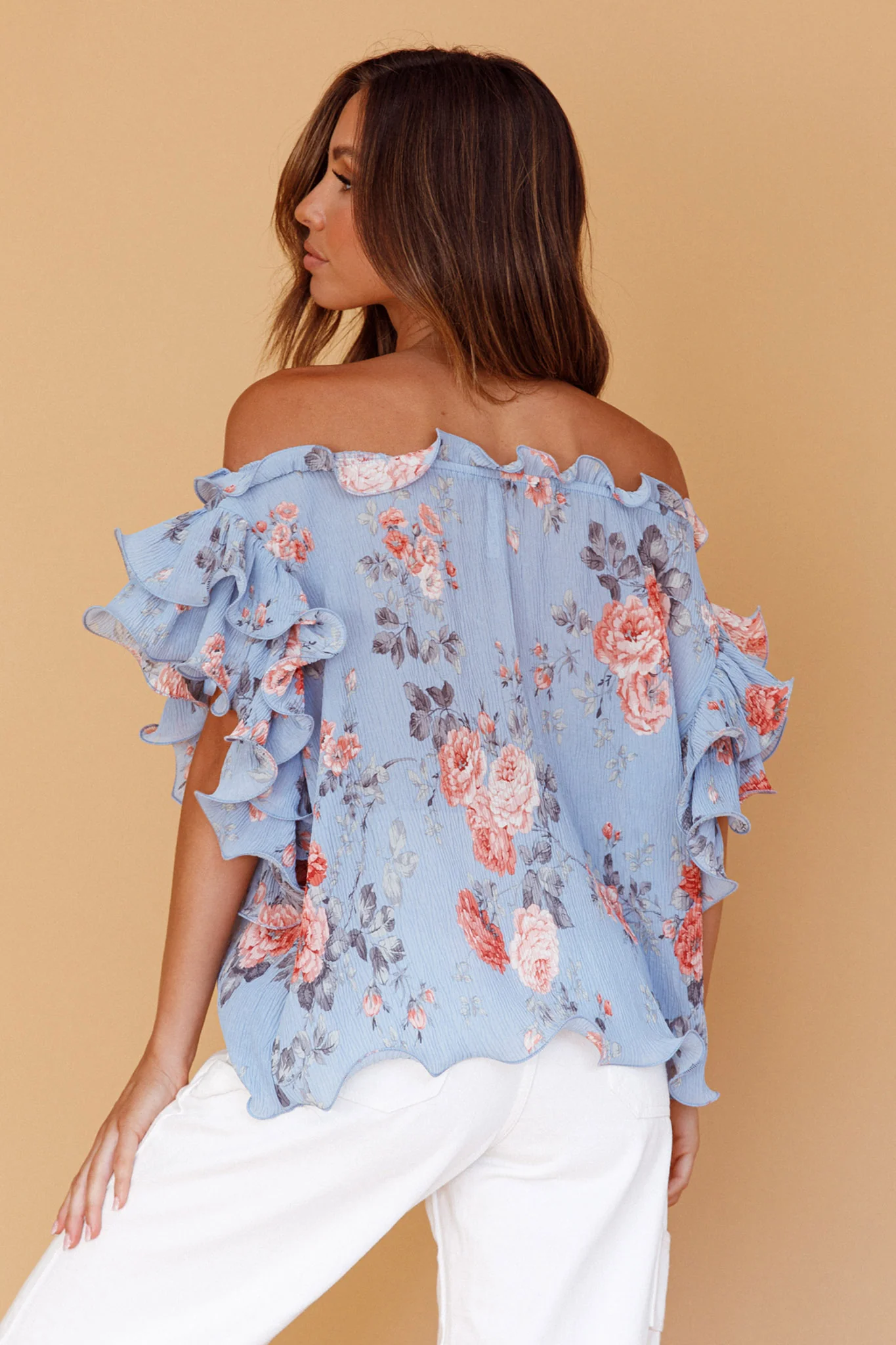 Miranda Off-Shoulder Ruffle Sleeve Top Floral Print Blue - Seraphlike