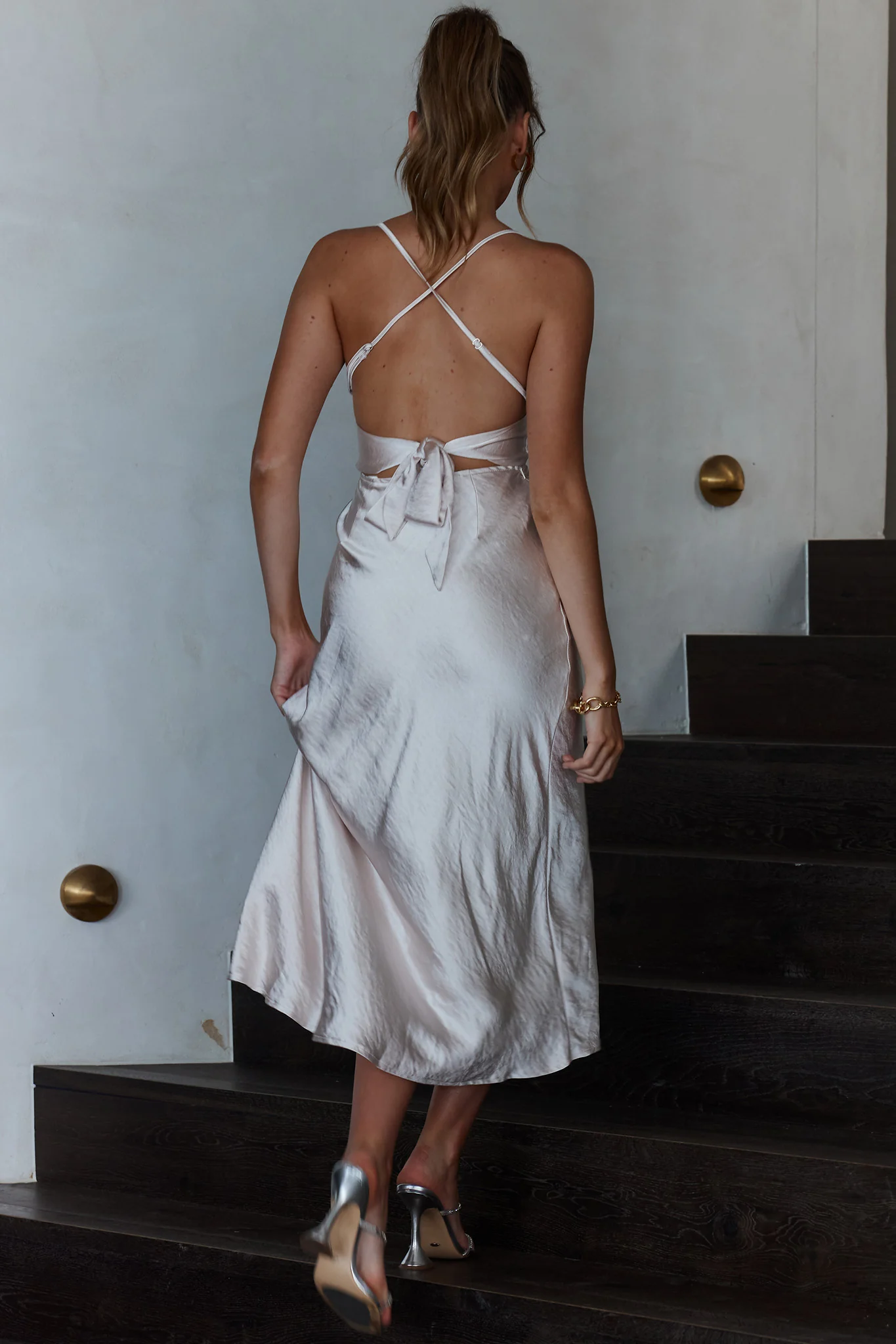 Lakoda Gathered Bust Bow Tie Back Midi Dress Champagne - Seraphlike