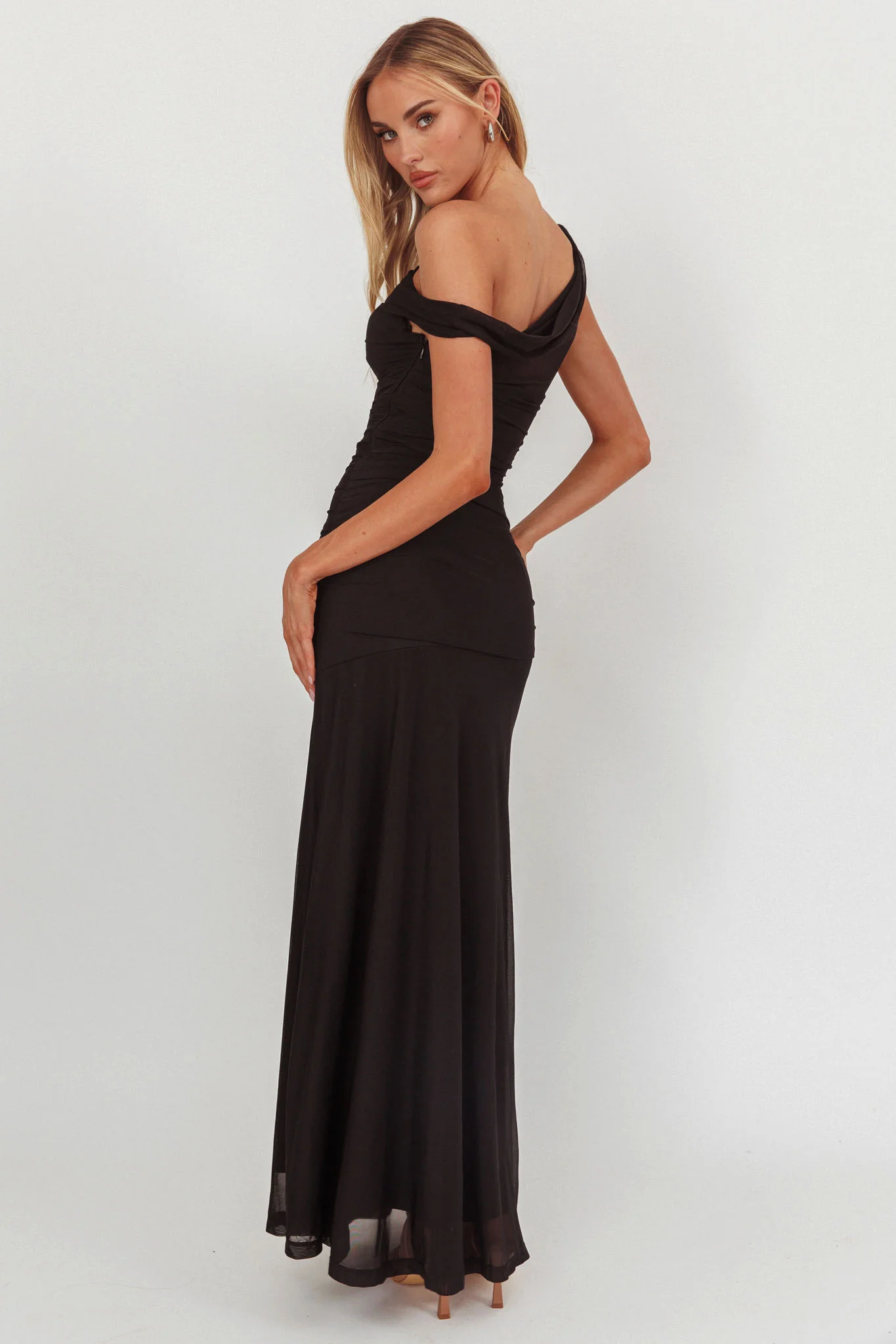 Lylah Asymmetric Neckline Mesh Maxi Dress Black - Seraphlike
