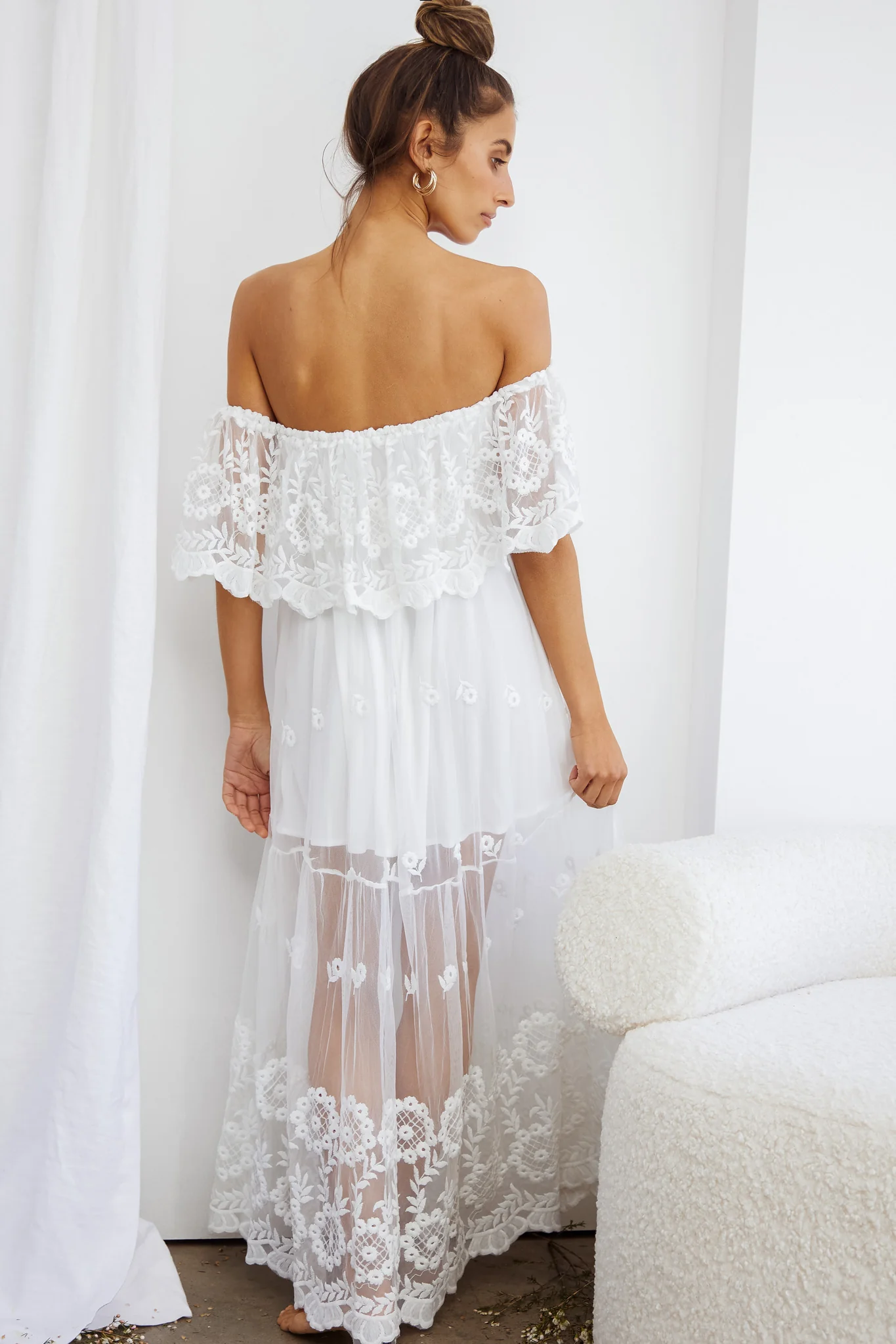 Signet Off-Shoulder Embroidered Mesh Overlay Maxi Dress White - Seraphlike