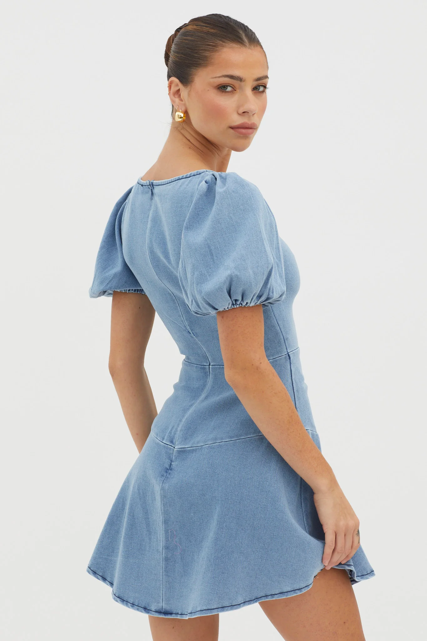 New Heights Puff Sleeve Mini Dress Denim Blue - Seraphlike
