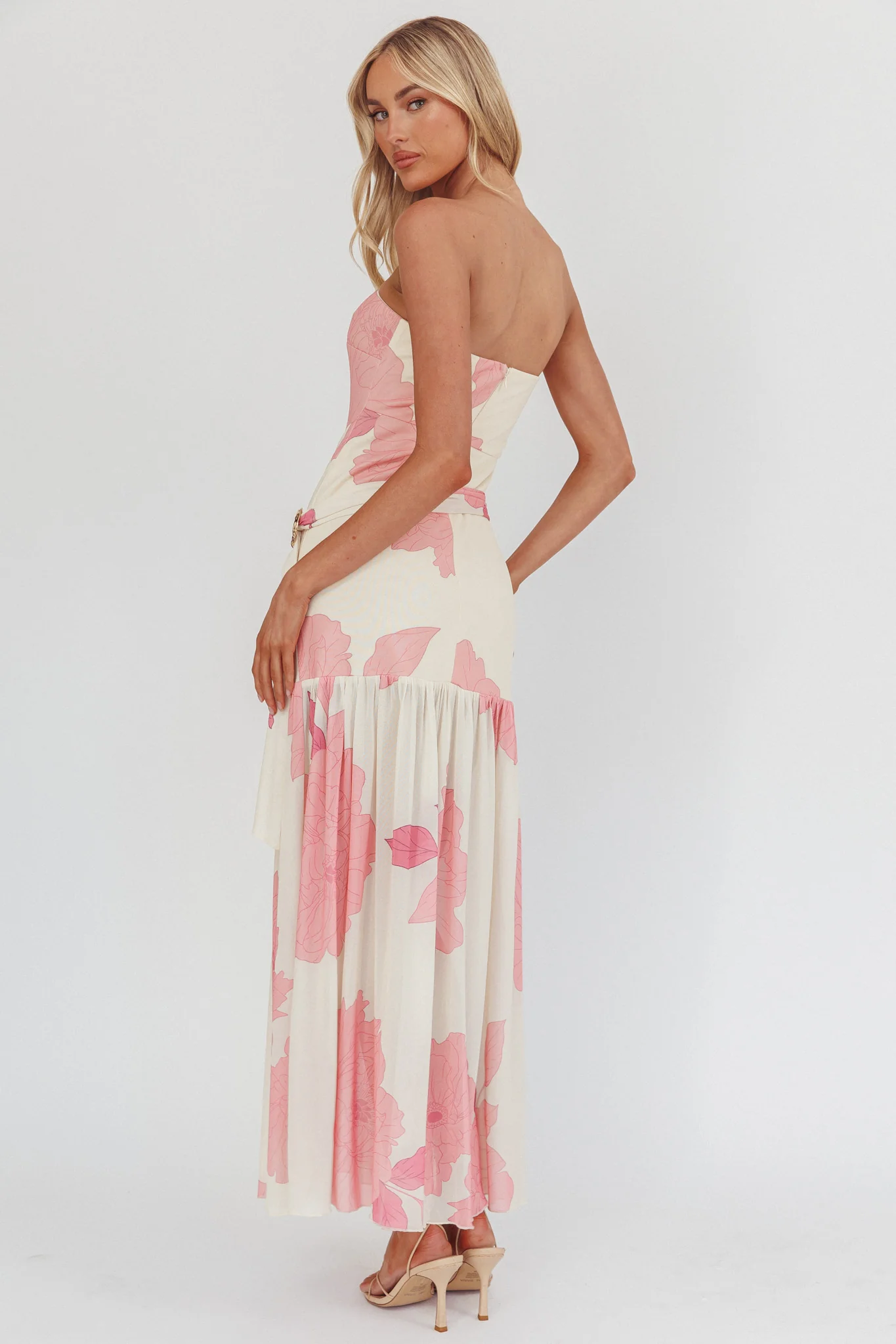 Antonella Strapless Waist Sash Maxi Dress Floral Pink - Seraphlike