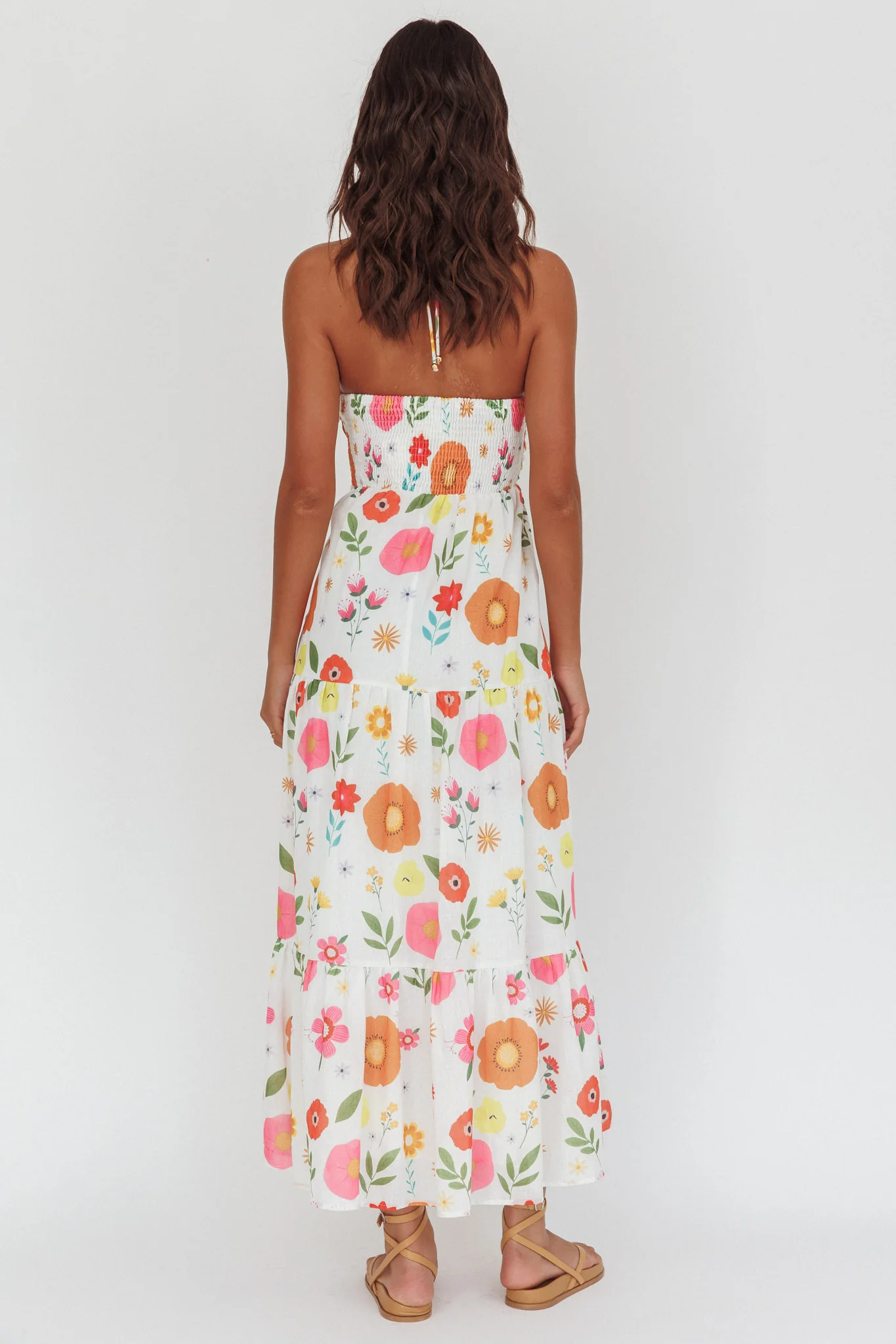 Asiah Gathered Bust Halterneck Maxi Dress Floral White - Seraphlike