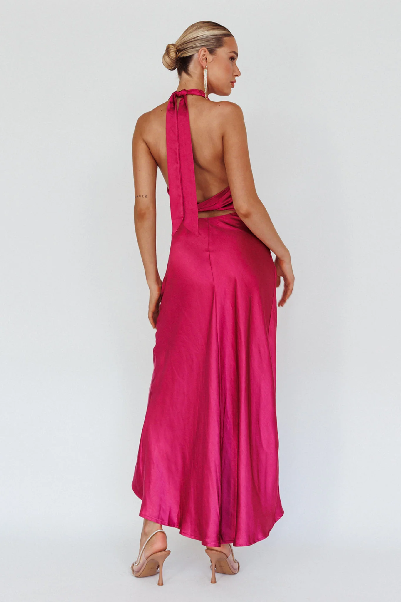 Sonoma Halterneck Faux Wrap Twist Back Maxi Dress Fuchsia - Seraphlike