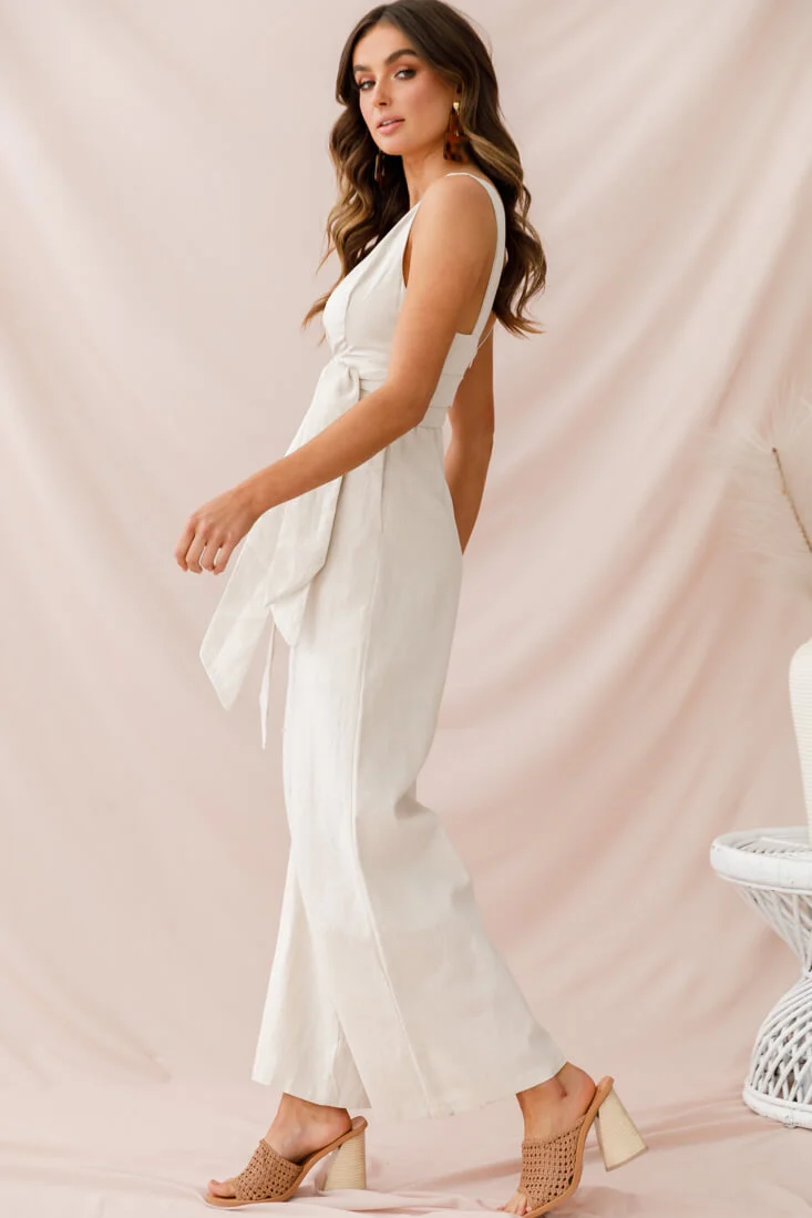 Dylan V-Neckline Wide Leg Jumpsuit Beige - Seraphlike