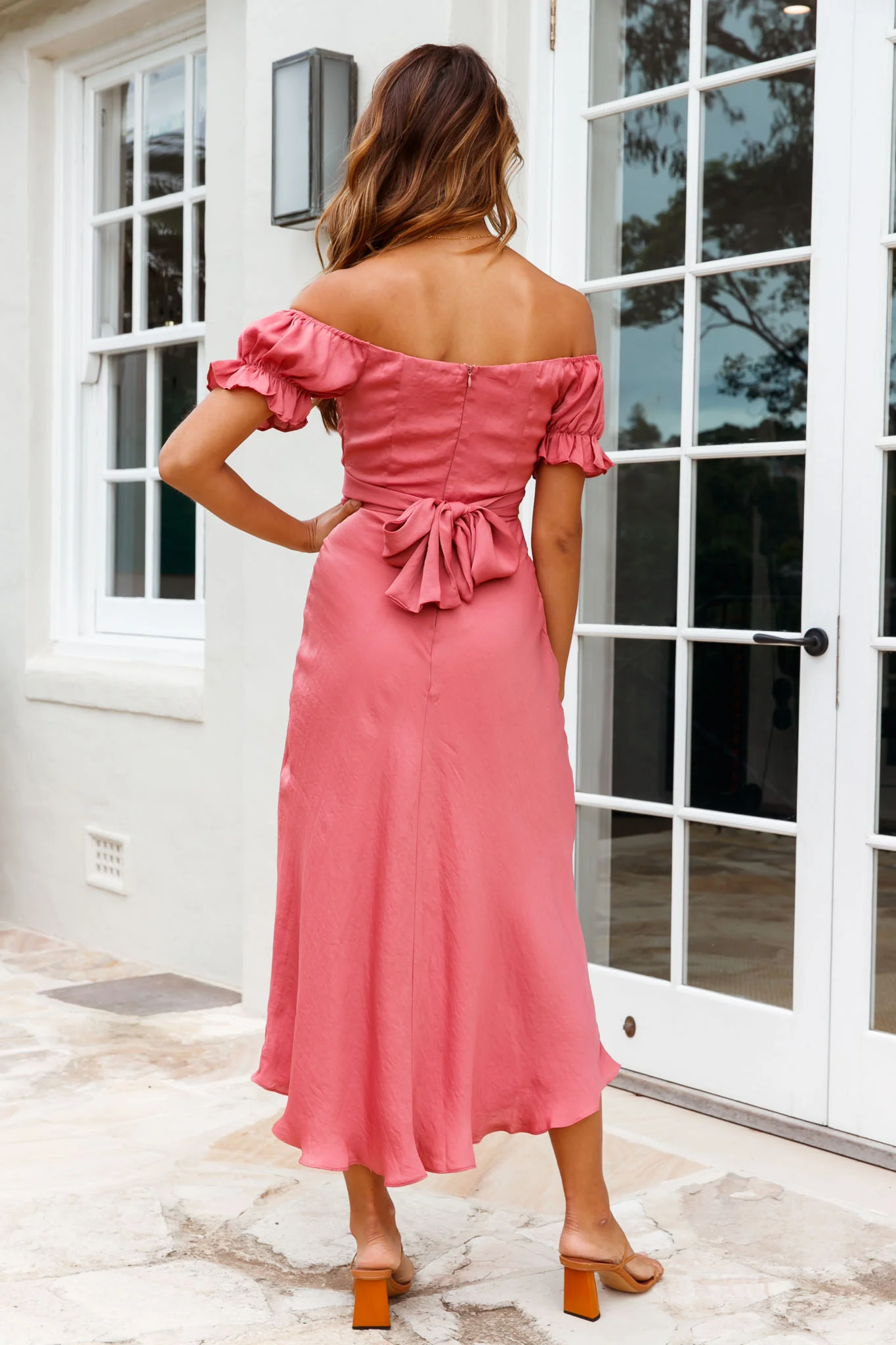 Linka Off-Shoulder Tie Back Midi Dress Rose - Seraphlike