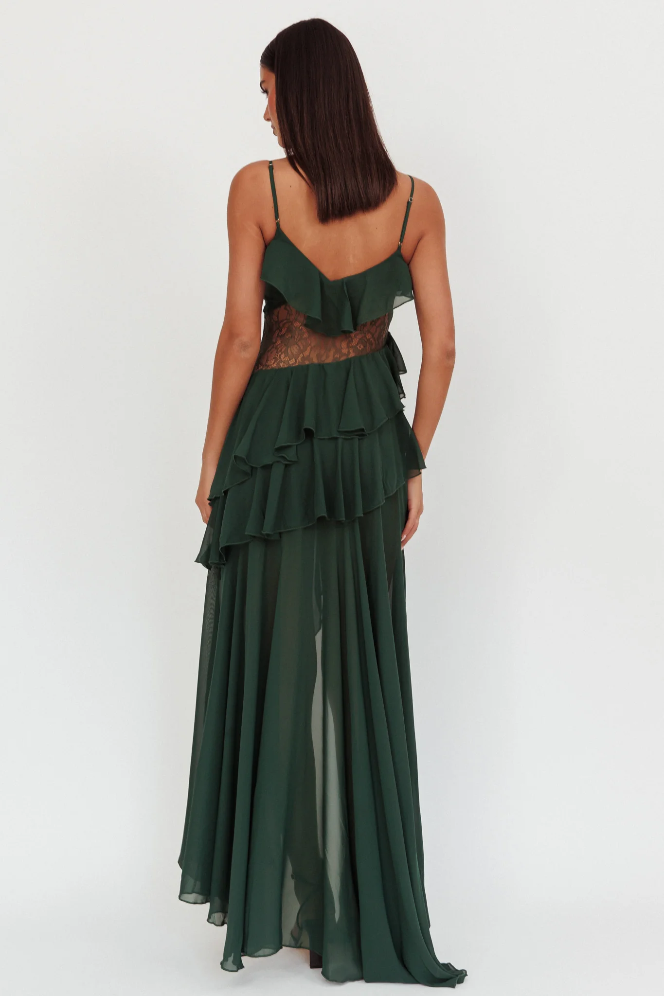 Amaretto Lace Waist Ruffle Maxi Dress Hunter Green - Seraphlike