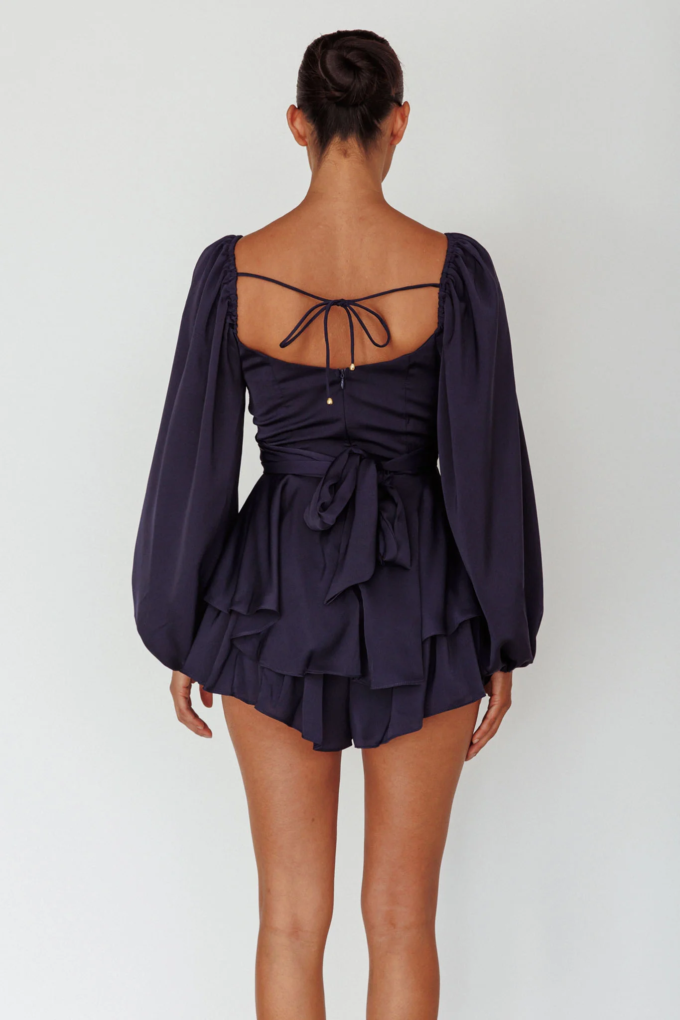 It's Complicated Long Sleeve Flounce Romper Navy - Seraphlike