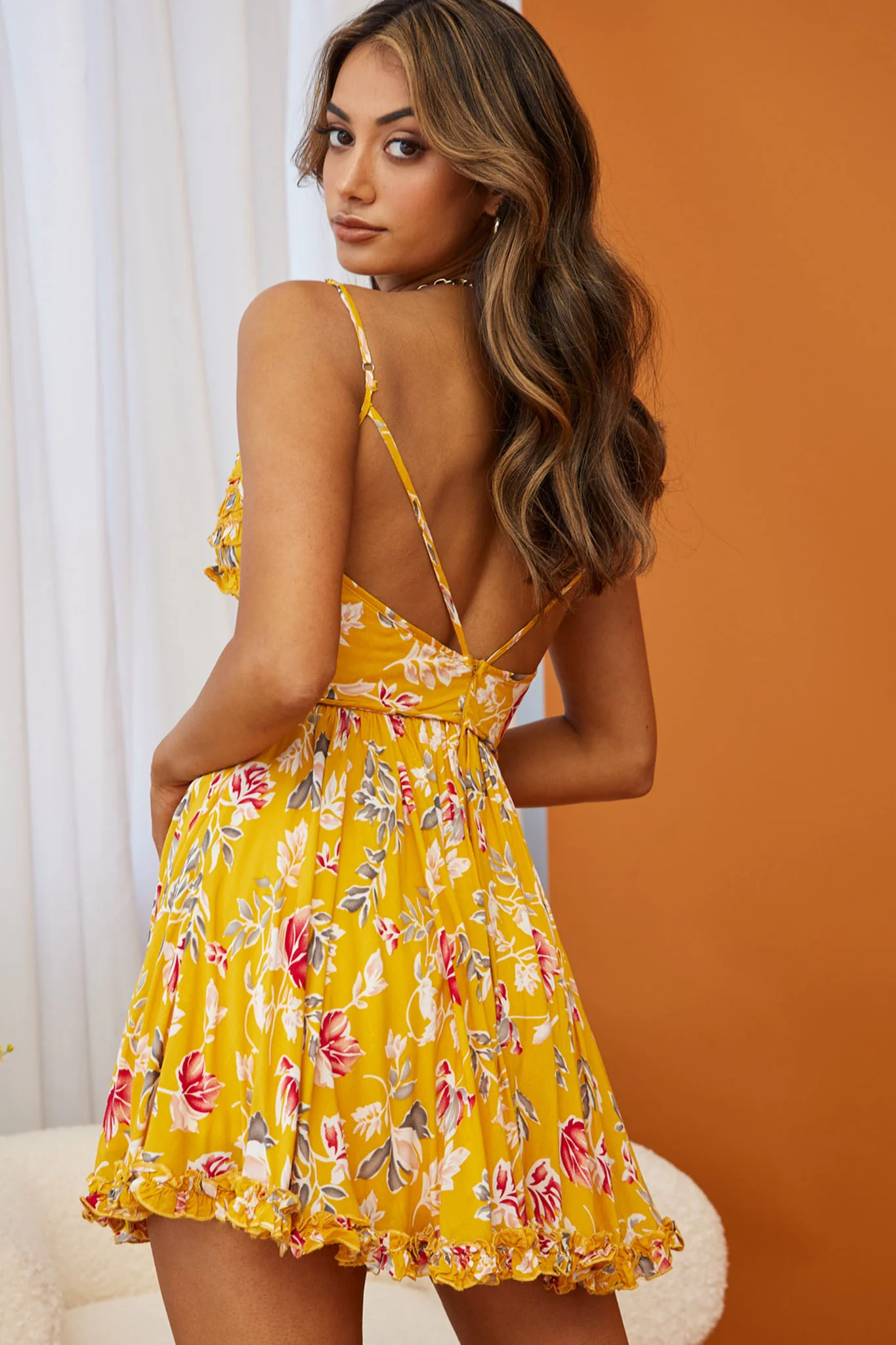 Dote On Me Frill Trim Strappy Back Dress Flower Print Mustard - Seraphlike
