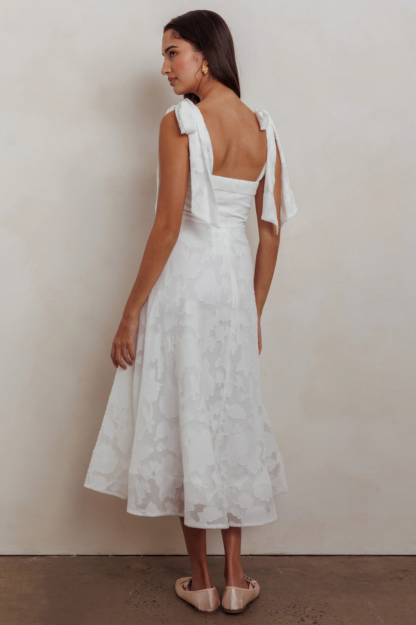 Jeanie Bow Shoulder Midi Dress Embossed White - Seraphlike