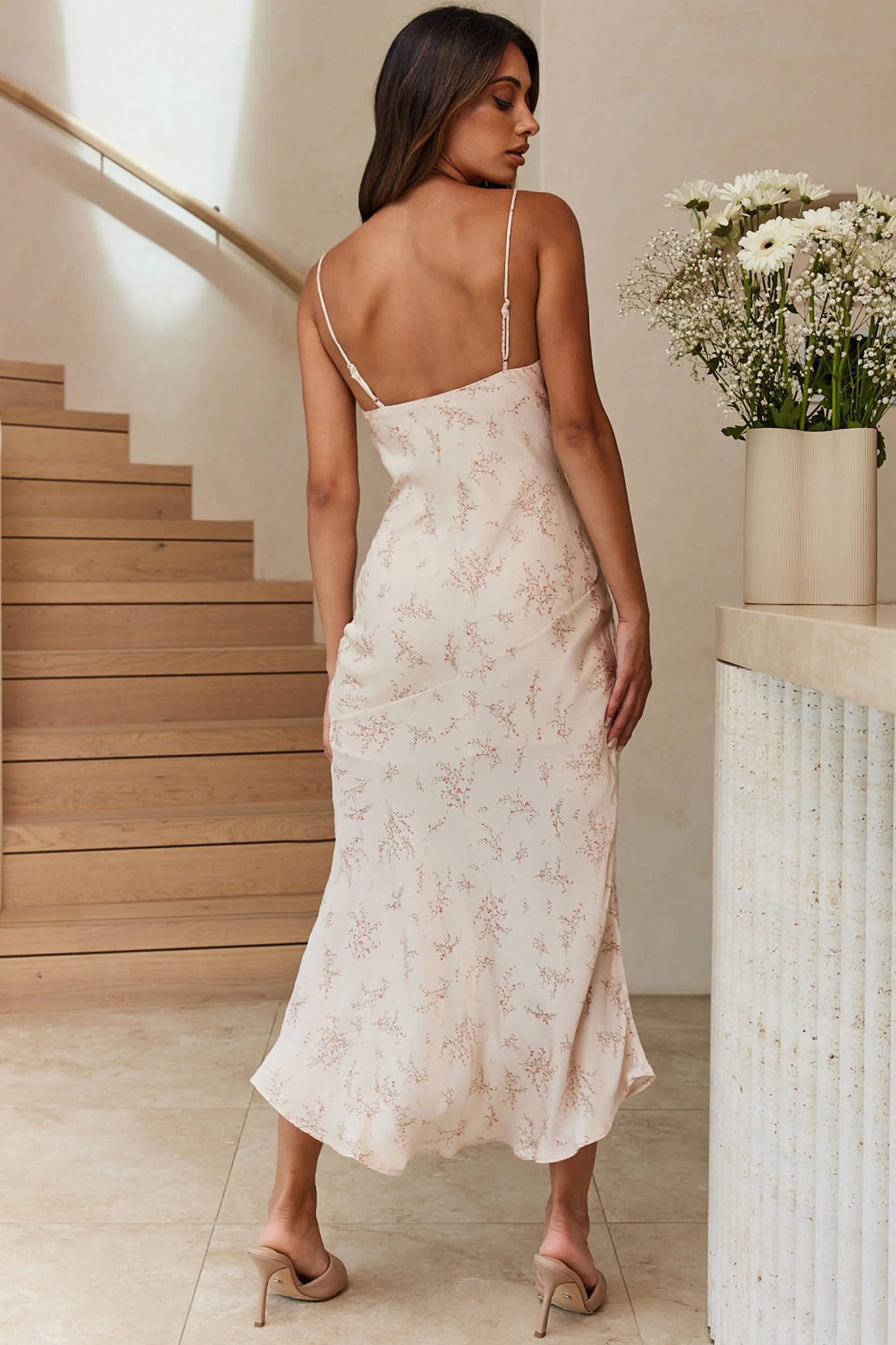 Well Versed Pleated Bust Front Split Dress Spring Print Champagne - Seraphlike