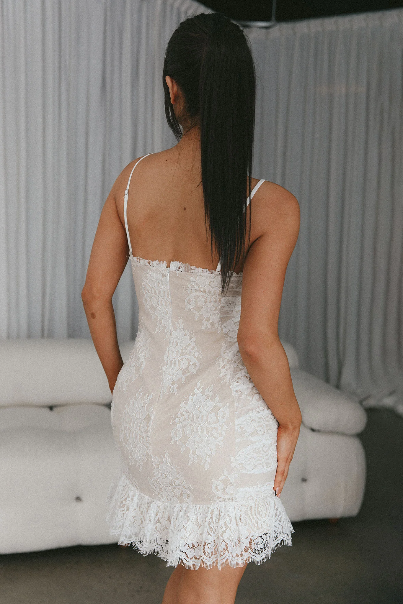 St Tropez Cami Strap Frill Hem Lace Mini Dress White - Seraphlike