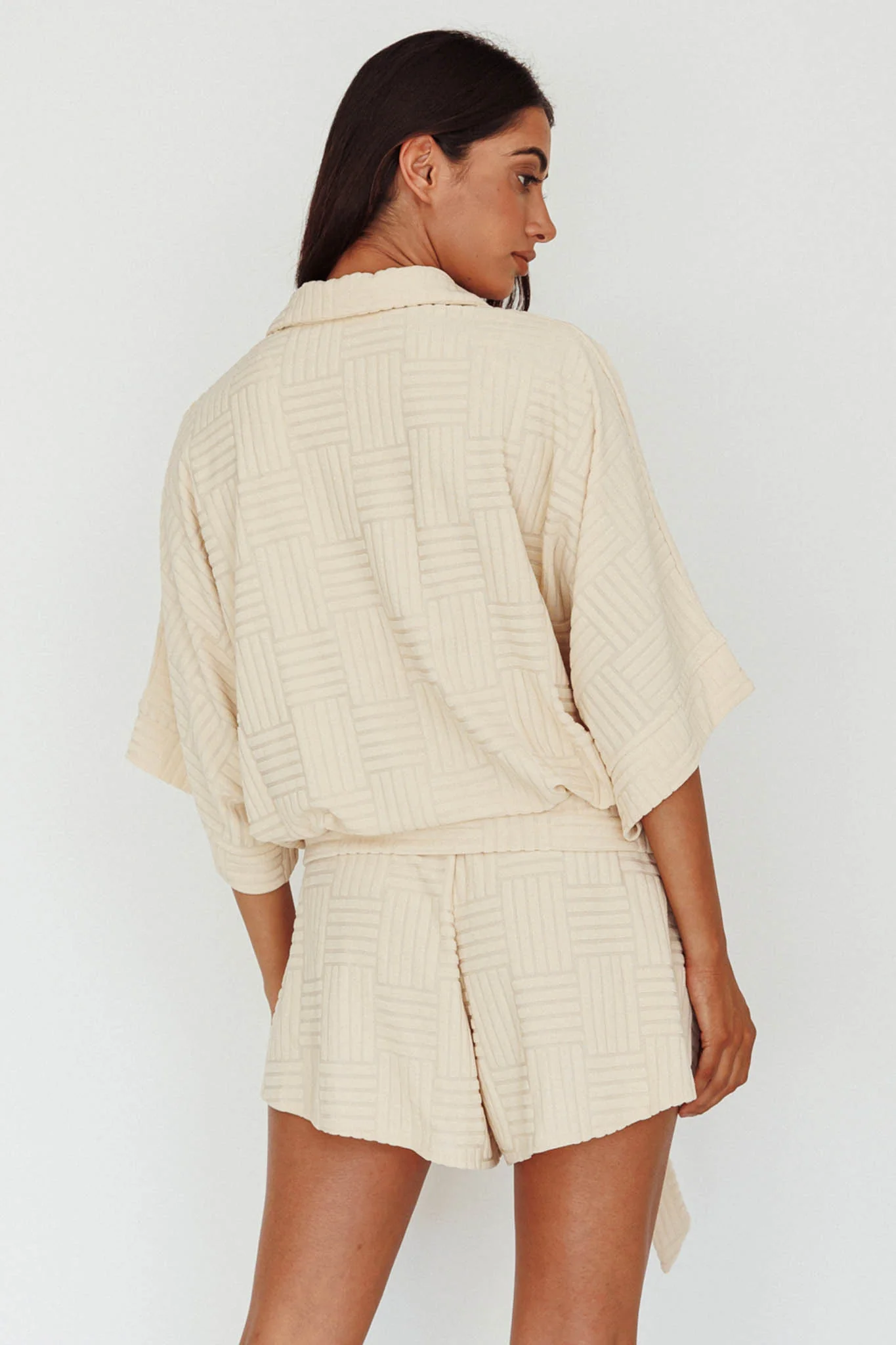 Daytona Beach Button-Up Romper Textured Beige - Seraphlike