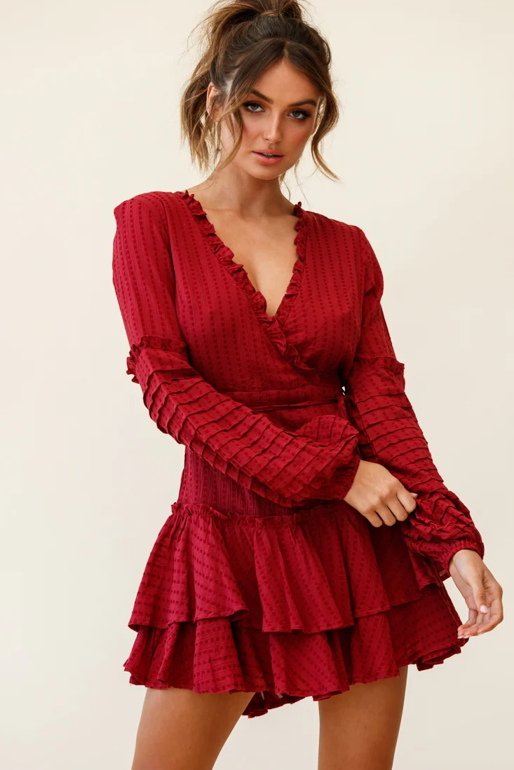 Neve Balloon Sleeve Layered Ruffle Hem Dress Wine - Seraphlike