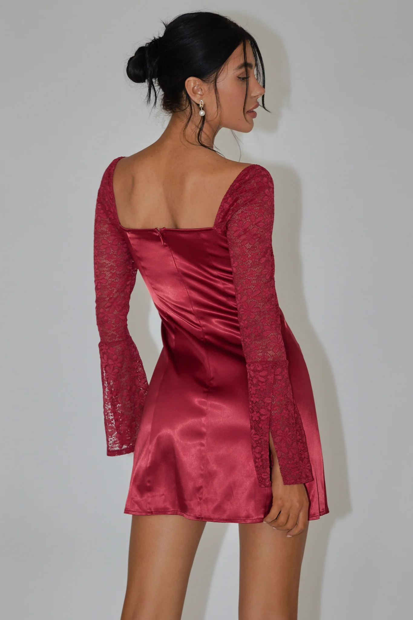 Ti Amo Lace Bust Long Sleeve Mini Dress Wine - Seraphlike