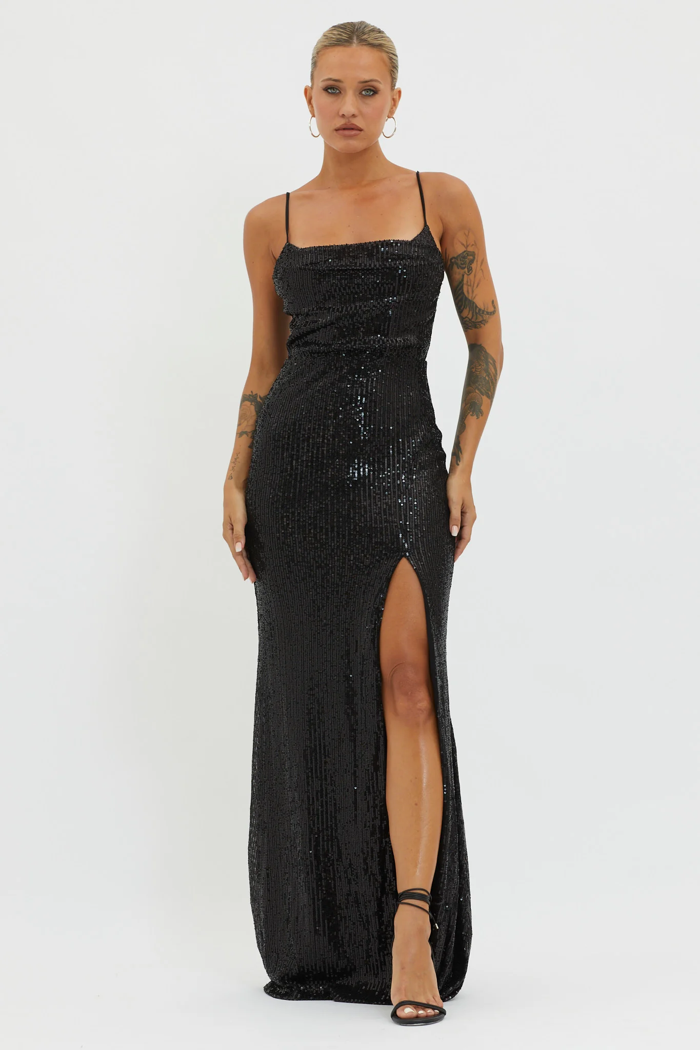 Kerene Spit Sequin Maxi Dress Black - Seraphlike