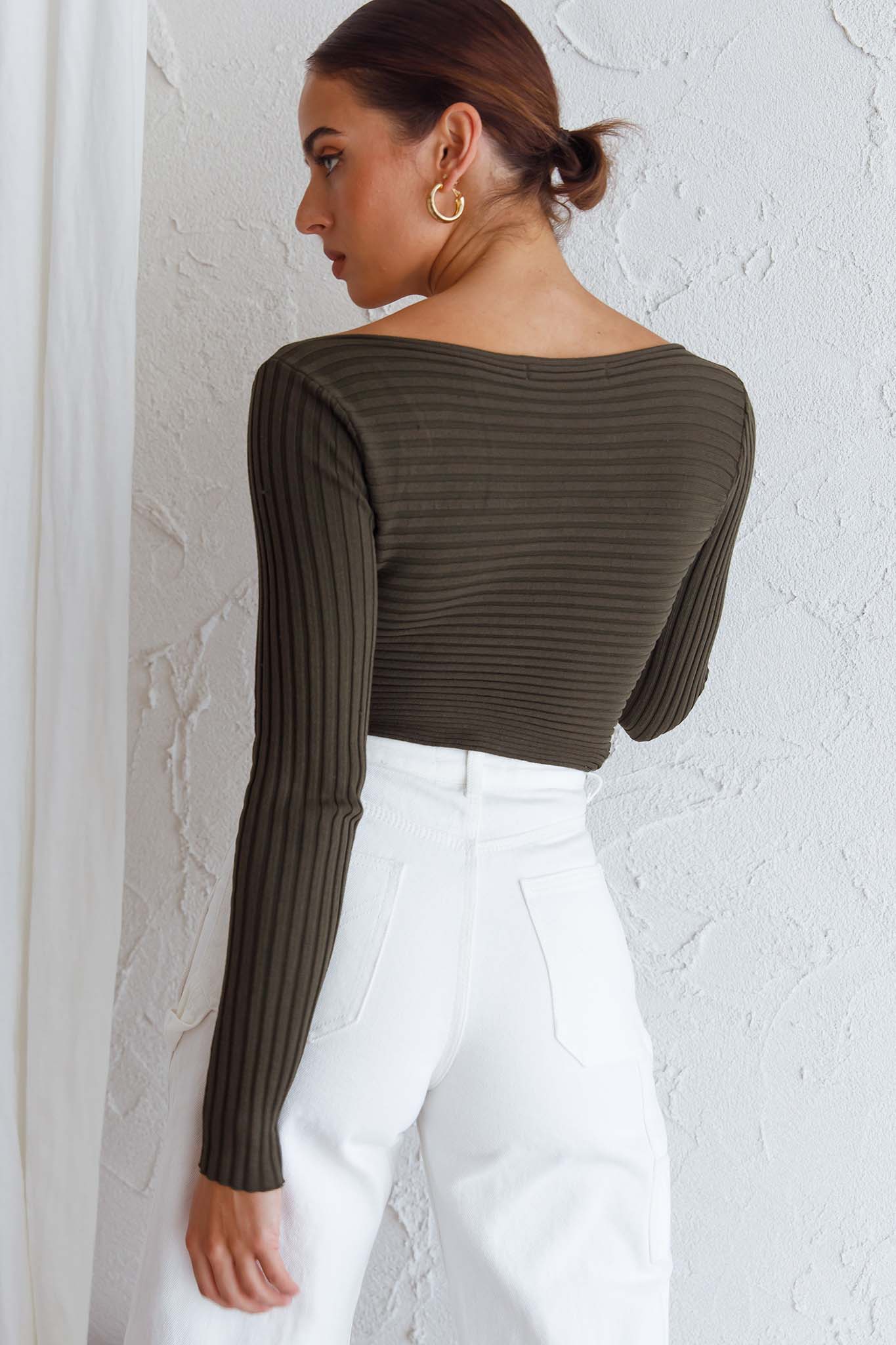 Dream Weaver Long Sleeve Twist Bust Crop Top Forest Green - Seraphlike