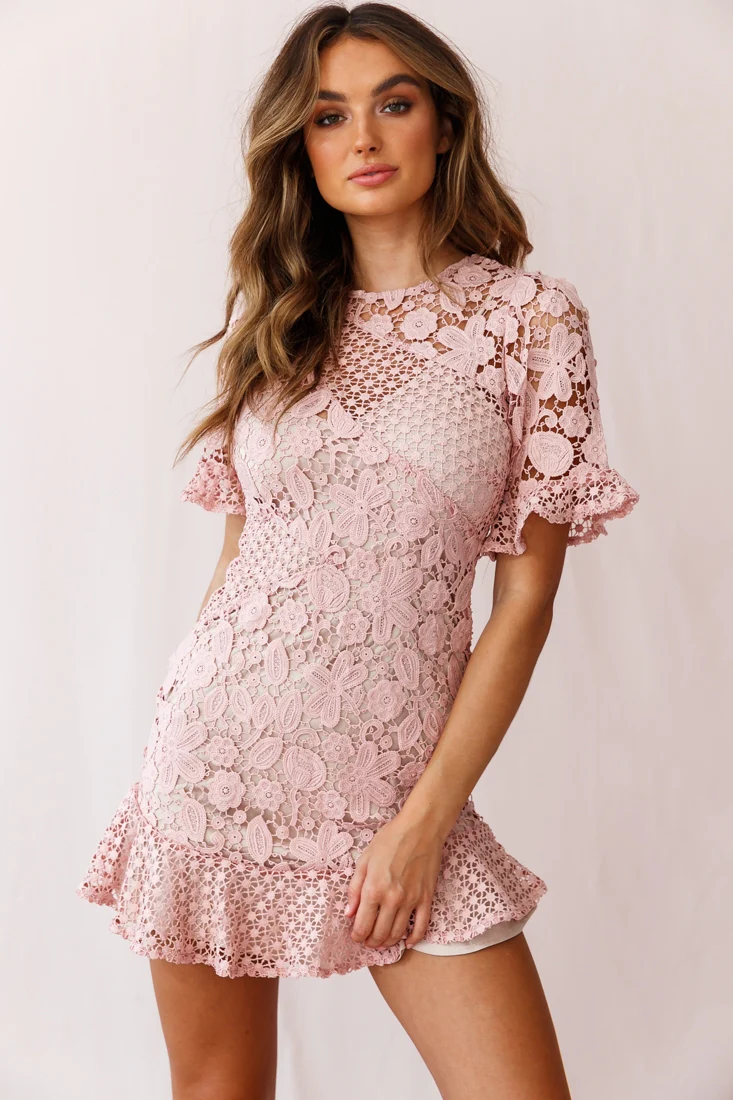 Reinhart Short Sleeve Crochet Lace Dress Blush - Seraphlike