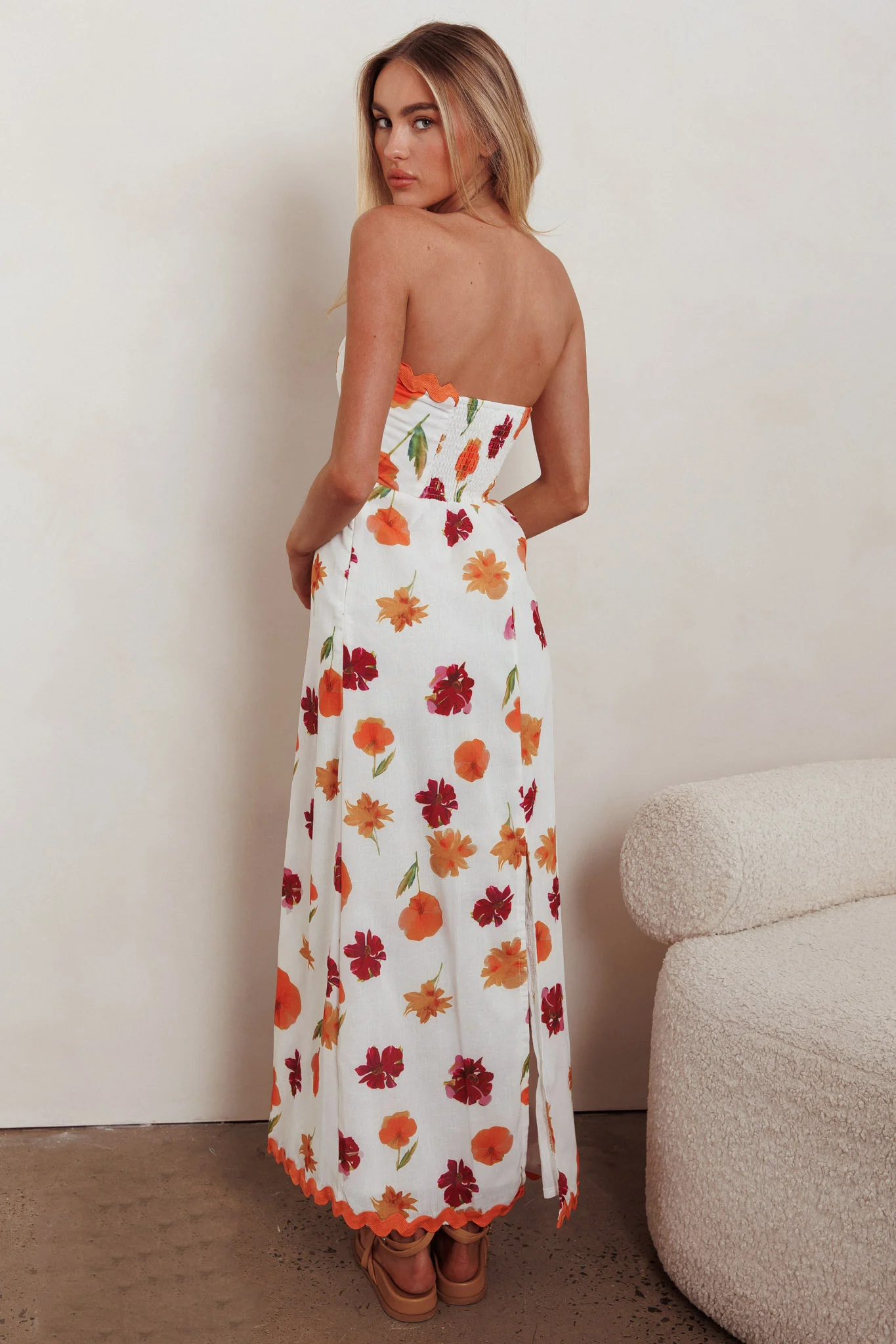 Cypress Ric Rac Trim Floral Strapless Maxi Dress Orange Multi - Seraphlike