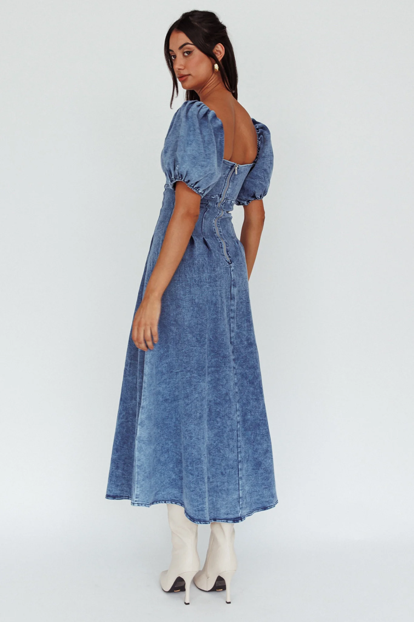 Zurich Puff Sleeve Midi Dress Blue - Seraphlike