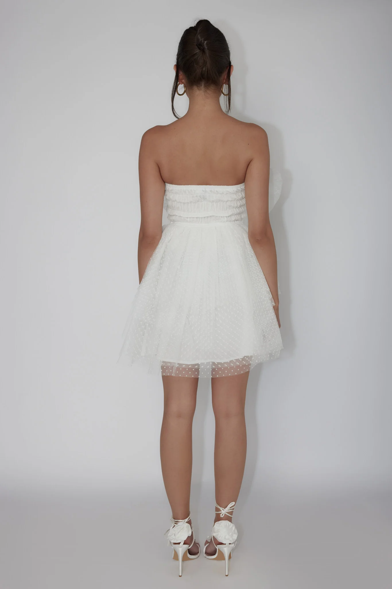 Deana Bow Bust Strapless Mini Dress Spotty White - Seraphlike