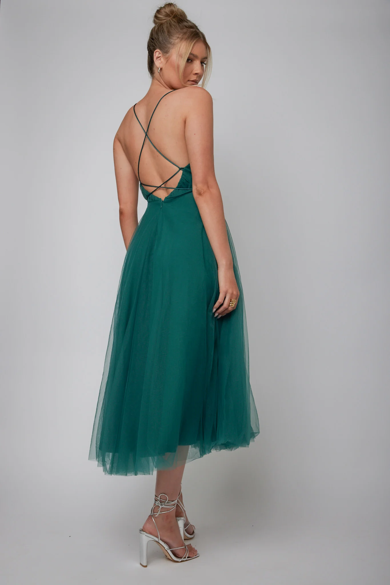Floating By Plunging Neckline Mesh Overlay Midi Dress Forest Green - Seraphlike