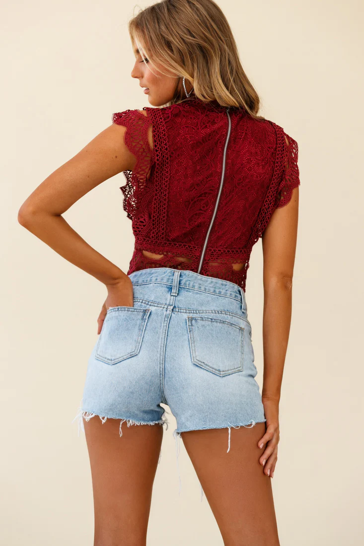 Straight Up High-Neck Lace Overlay Crop Top Wine - Seraphlike