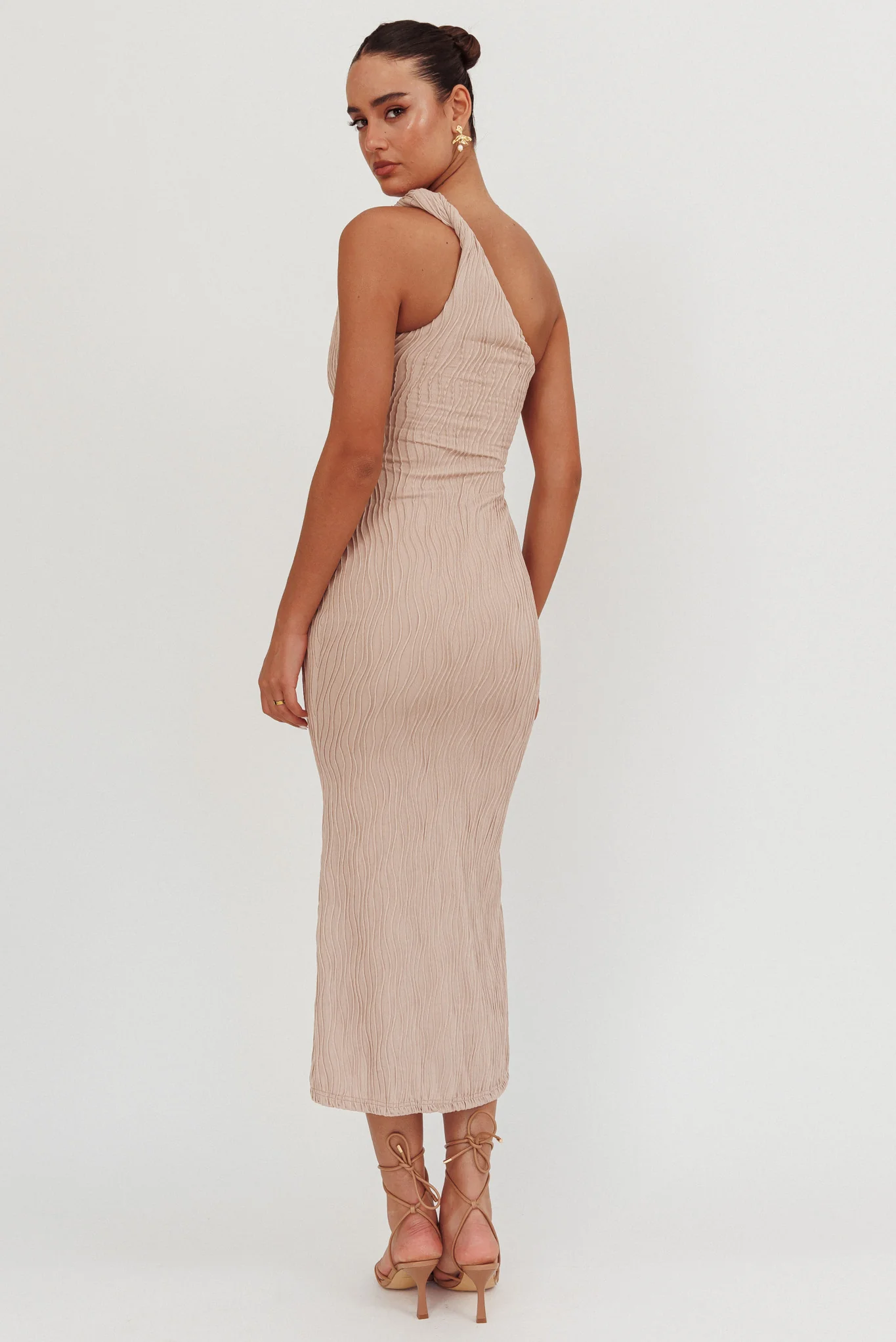 Lingering Love One-Shoulder Twist Midi Dress Beige - Seraphlike
