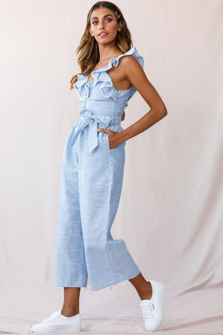 Danube Belted Waist Pinstripe Jumpsuit Blue - Seraphlike