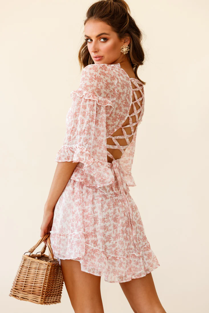 Albany Lace Up Back Frill Dress Tiny Floral Print Pink - Seraphlike