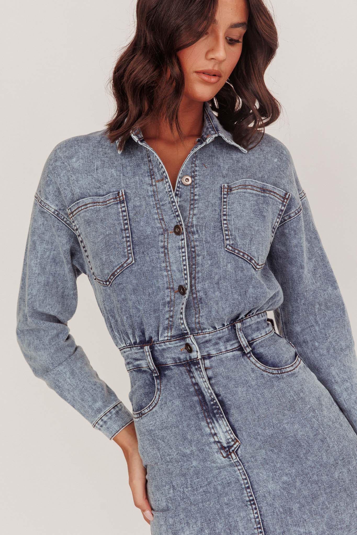 Light Inside Long Sleeve Midi Dress Denim Blue - Seraphlike