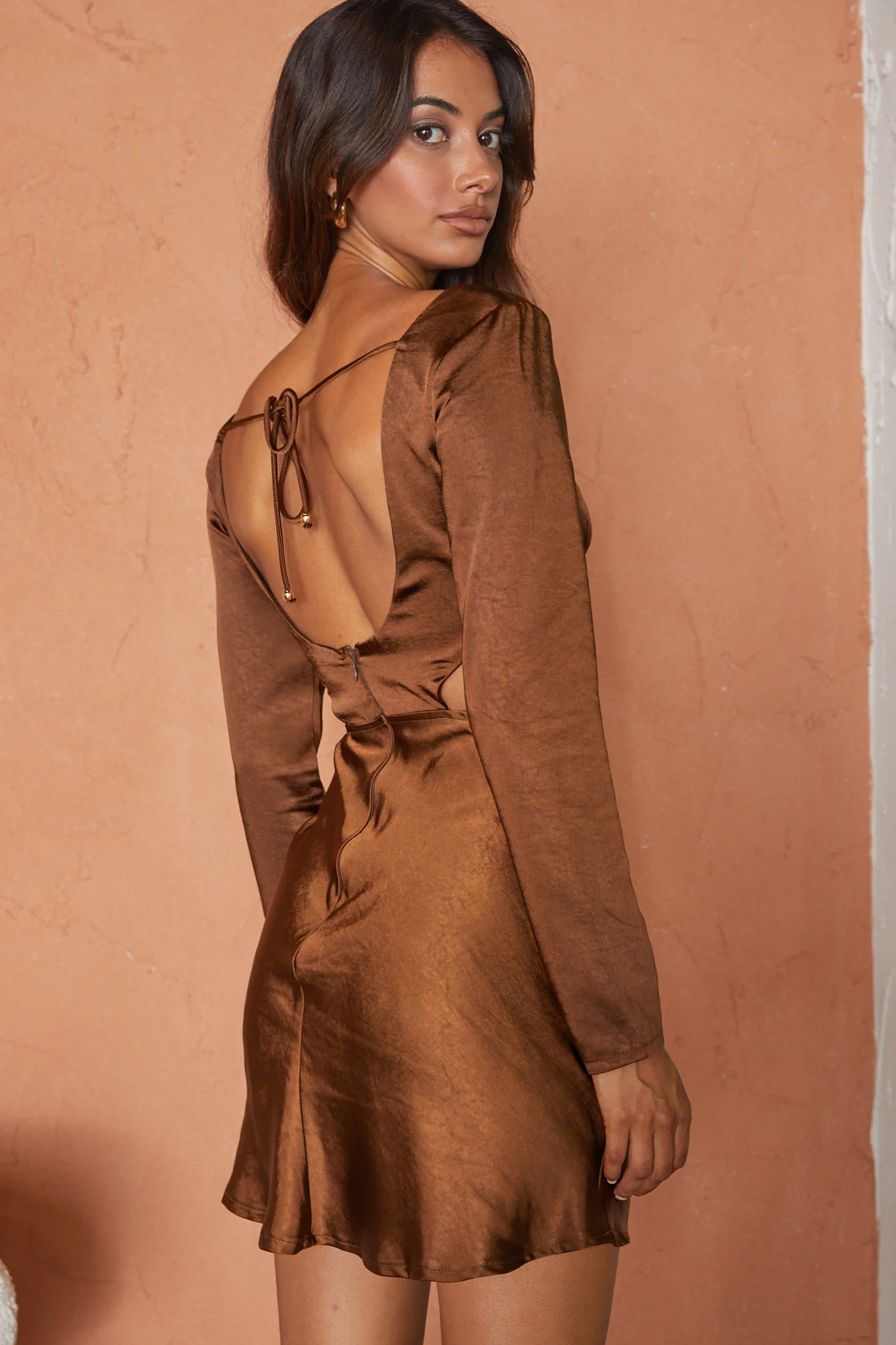 Shaken Not Stirred Cut-Out Waist Long Sleeve Pleat Mini Dress Chocolate - Seraphlike