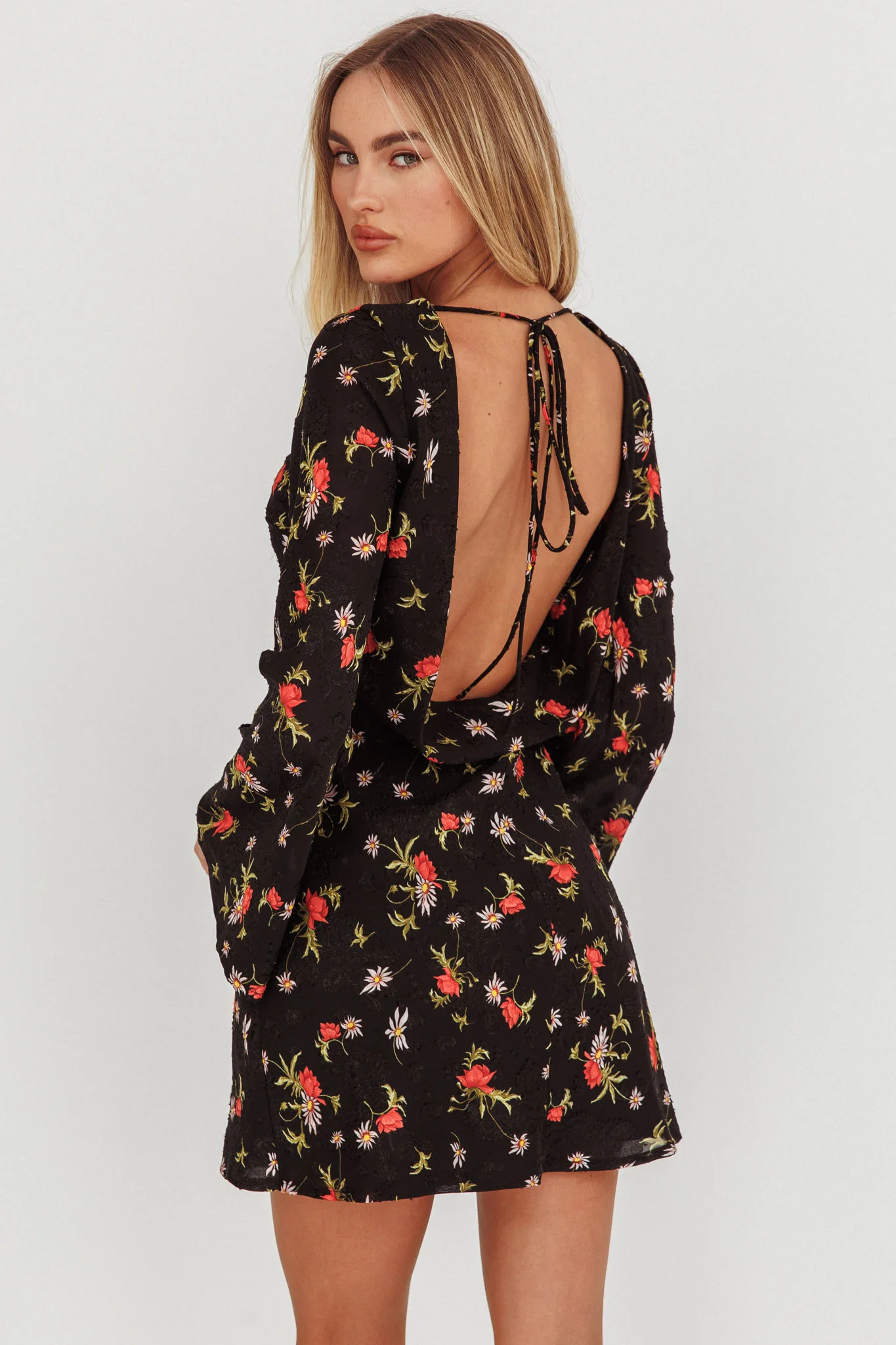 Thriller Long Sleeve Backless Mini Dress Floral Black - Seraphlike