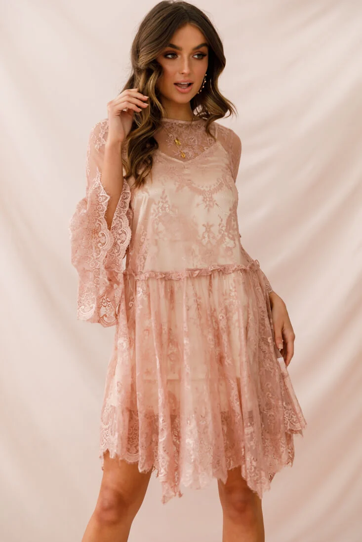 Birdie Lace Overlay Swing Dress Nude - Seraphlike