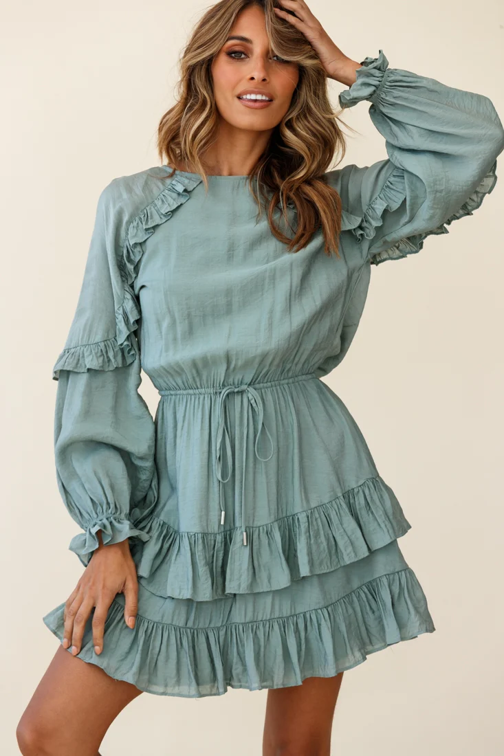 Best Wishes Long Sleeve Frill Detail Dress Olive - Seraphlike