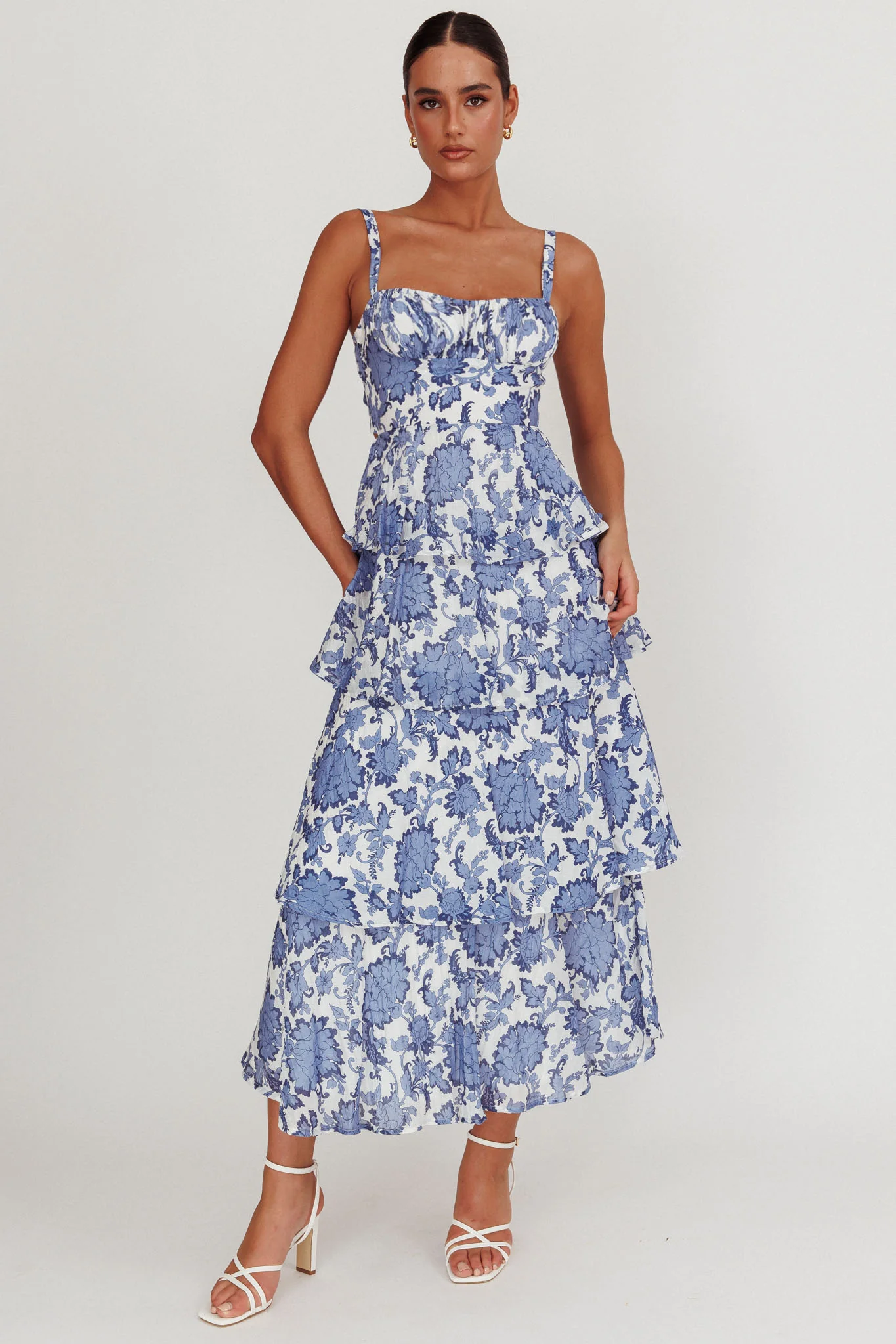 Provence Bloom Tiered Maxi Dress Floral Blue - Seraphlike