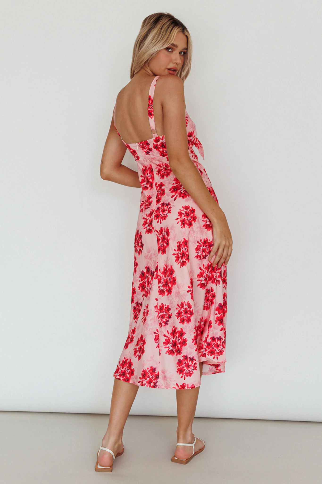 Starry Night Bust-Tie Midi Dress Floral Pink - Seraphlike